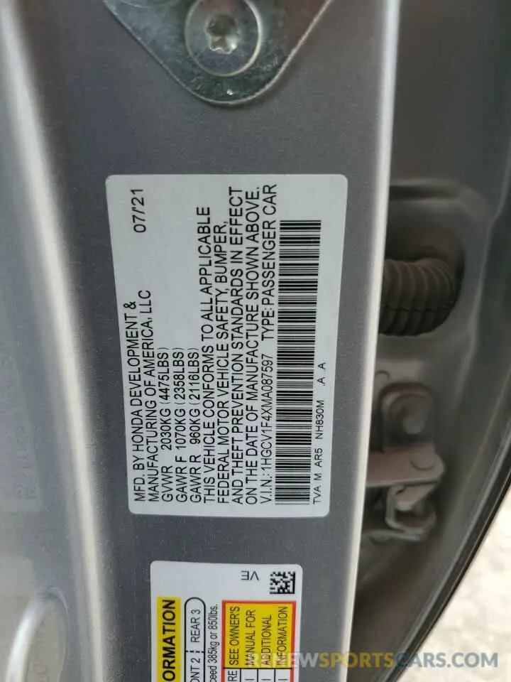 12 Фотография поврежденного автомобиля 1HGCV1F4XMA087597 HONDA ACCORD 2021