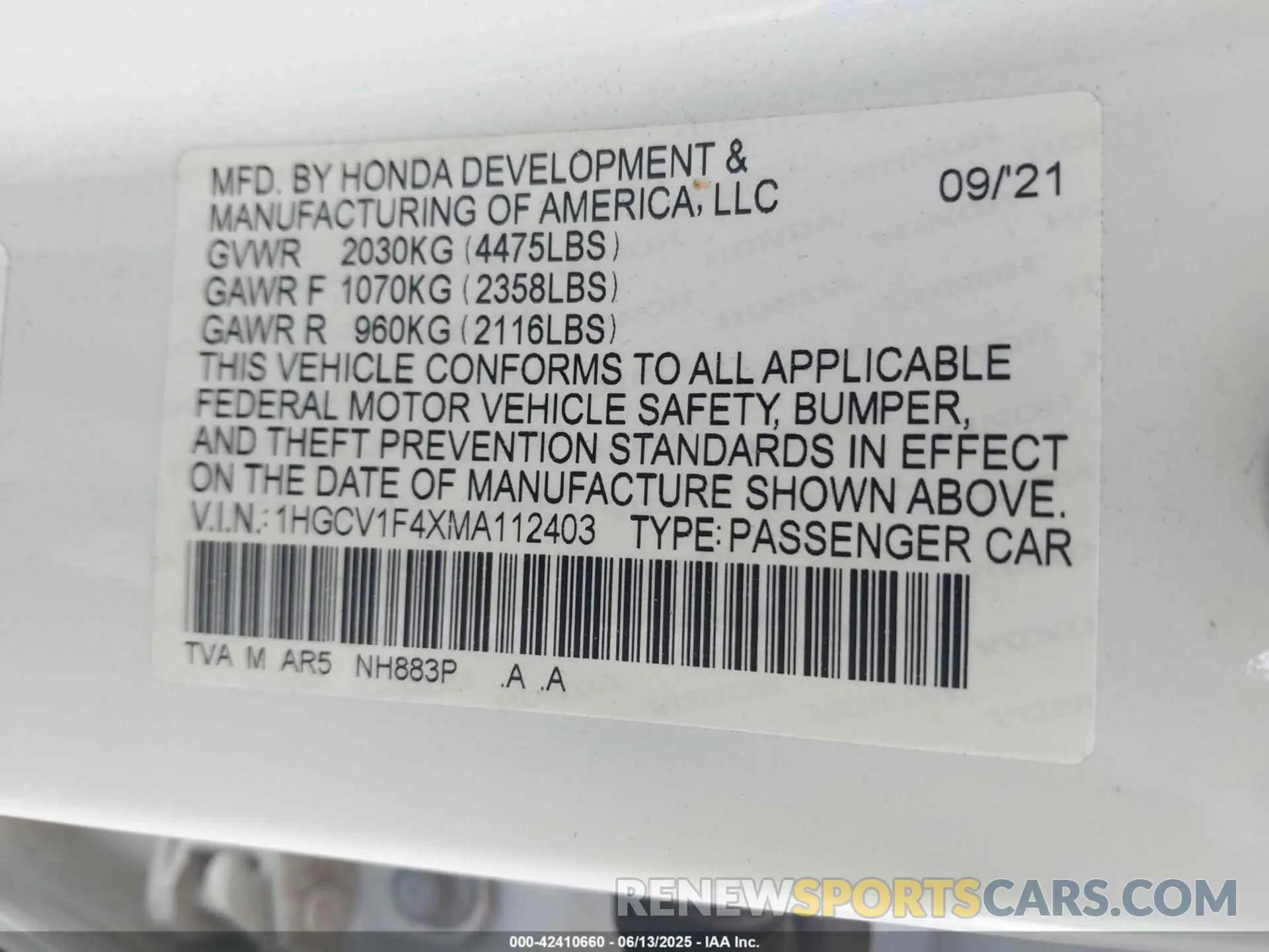 9 Photograph of a damaged car 1HGCV1F4XMA112403 HONDA ACCORD 2021