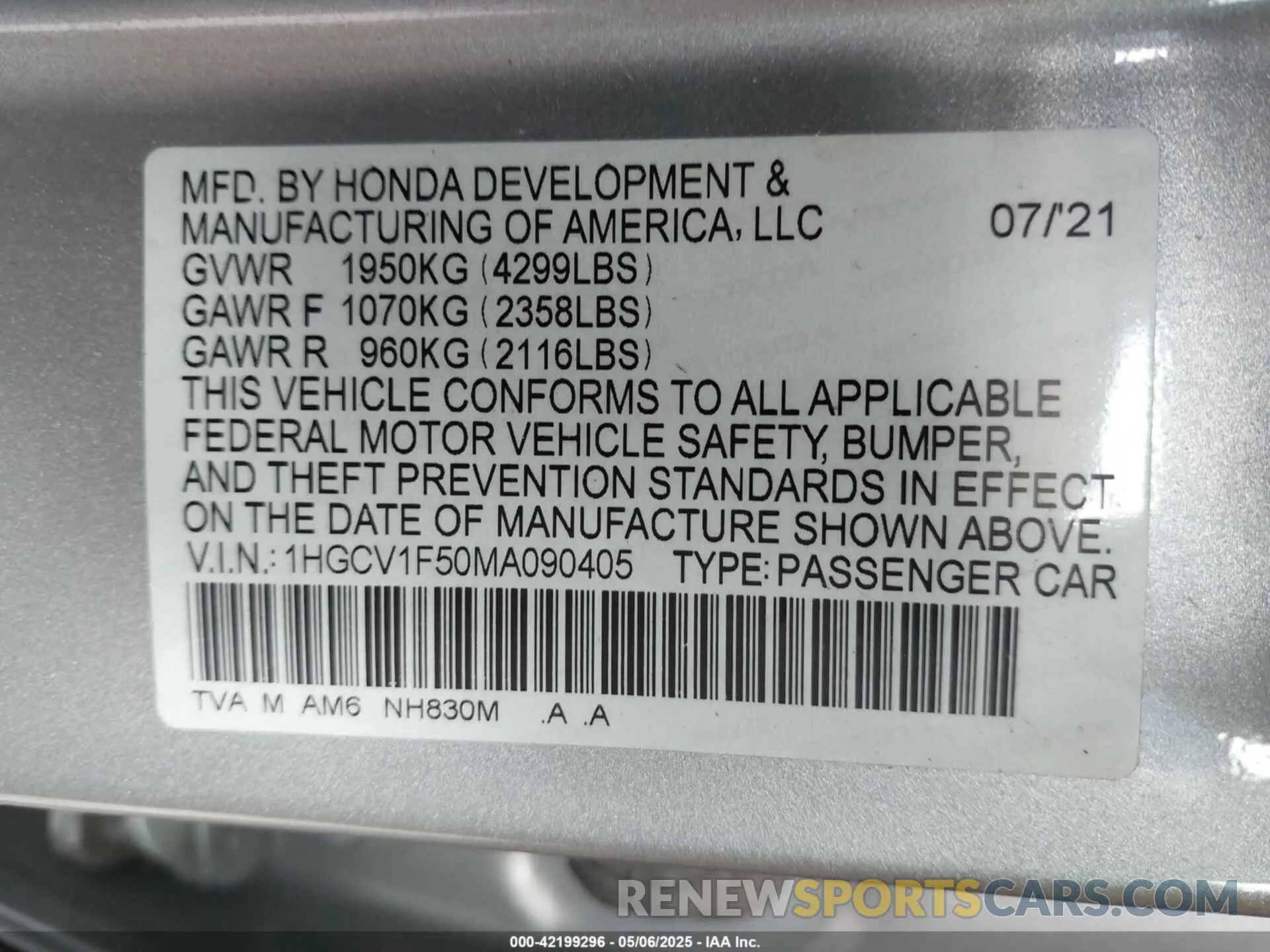 9 Photograph of a damaged car 1HGCV1F50MA090405 HONDA ACCORD 2021
