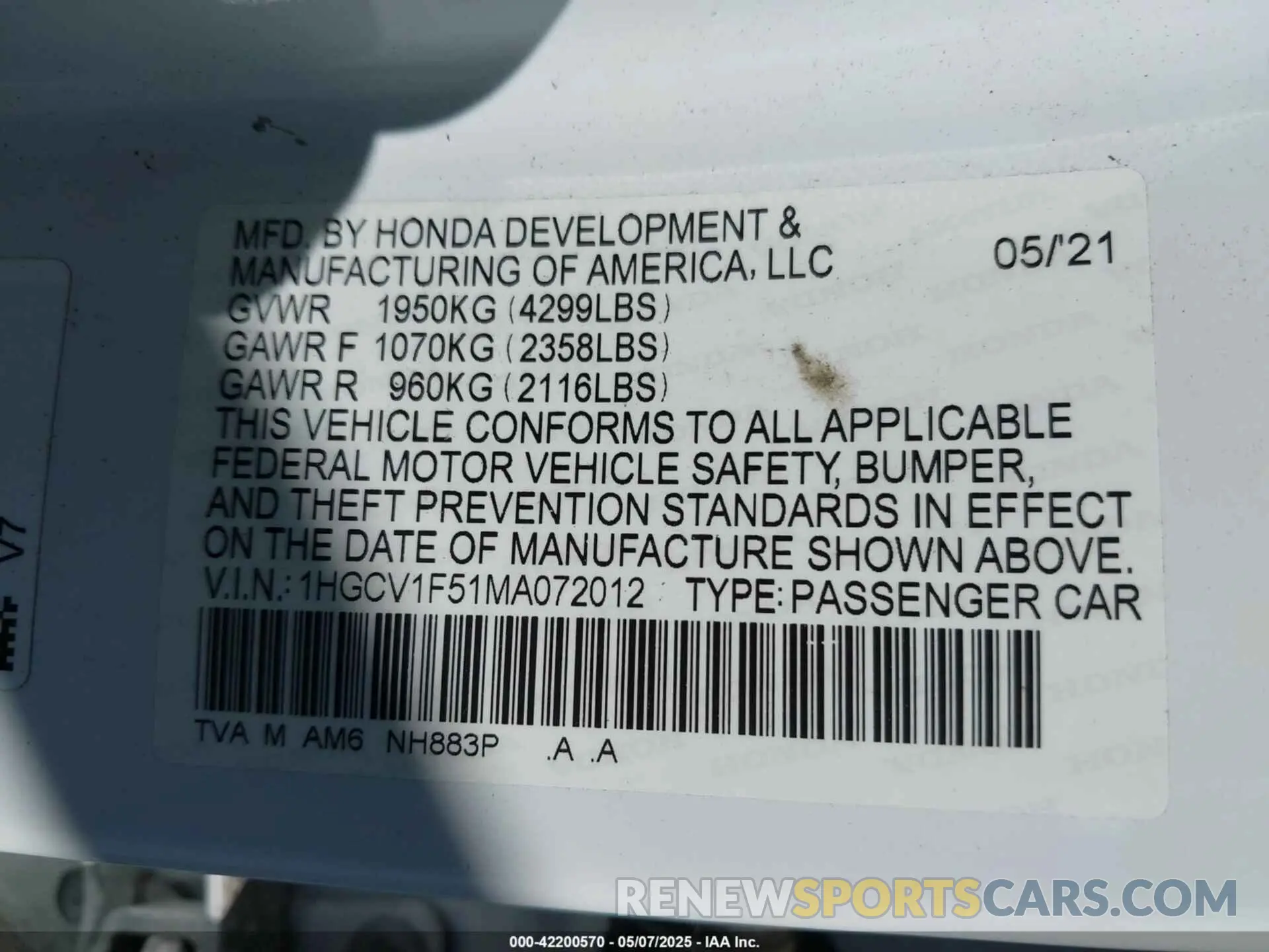 9 Фотография поврежденного автомобиля 1HGCV1F51MA072012 HONDA ACCORD 2021