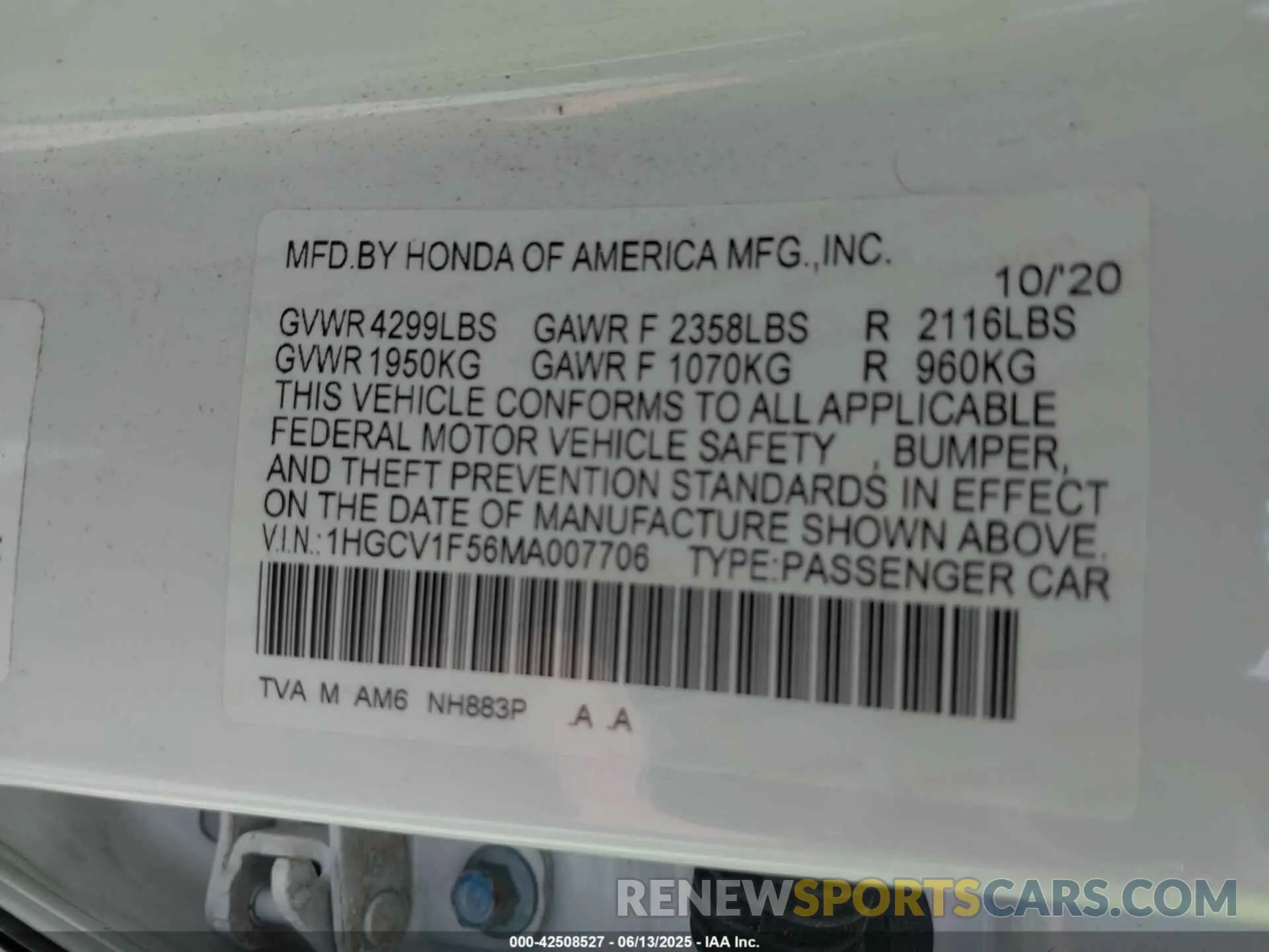 9 Photograph of a damaged car 1HGCV1F56MA007706 HONDA ACCORD 2021