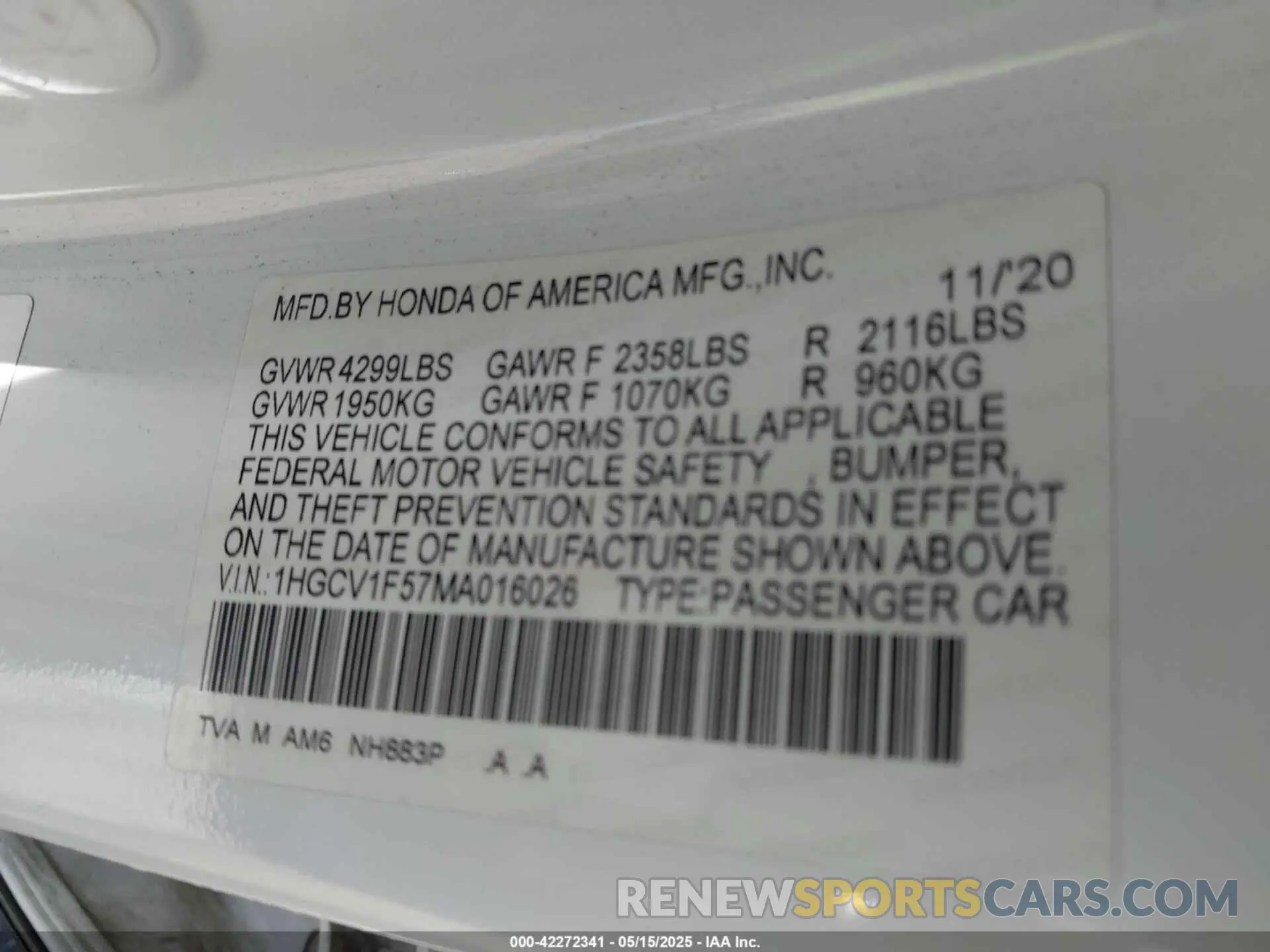 9 Photograph of a damaged car 1HGCV1F57MA016026 HONDA ACCORD 2021