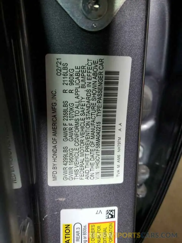 12 Фотография поврежденного автомобиля 1HGCV1F58MA042215 HONDA ACCORD 2021