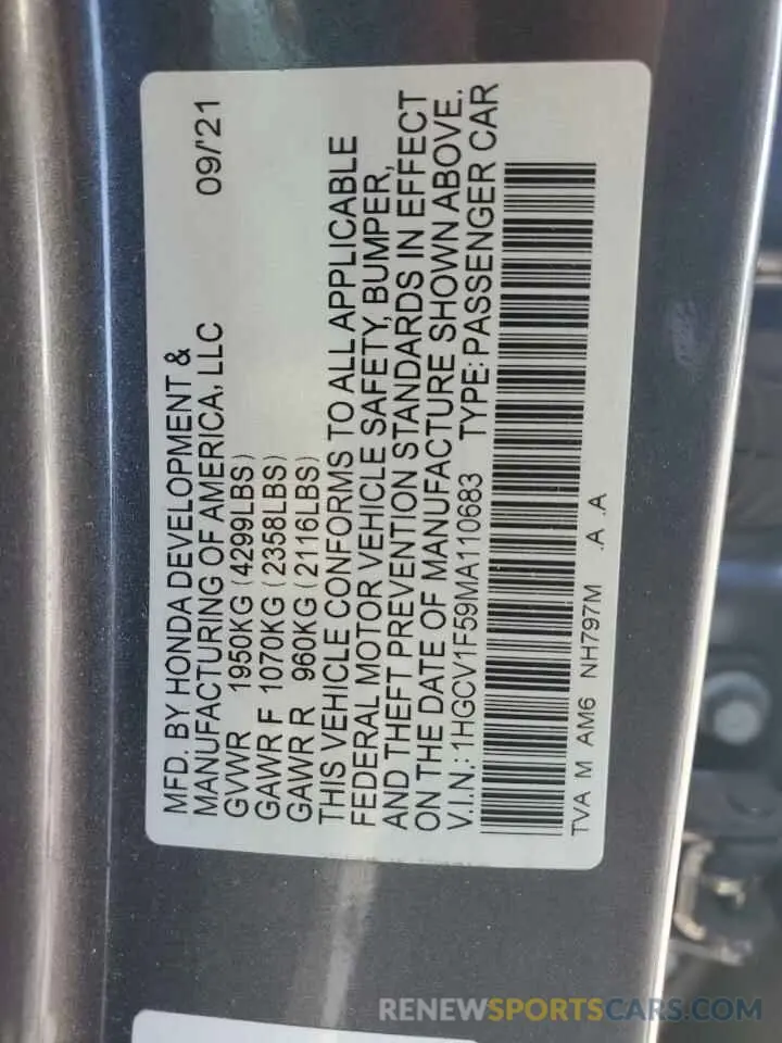 12 Photograph of a damaged car 1HGCV1F59MA110683 HONDA ACCORD 2021