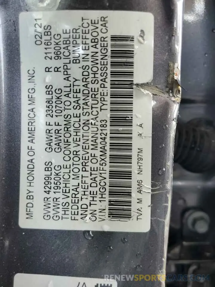 12 Photograph of a damaged car 1HGCV1F5XMA042183 HONDA ACCORD 2021