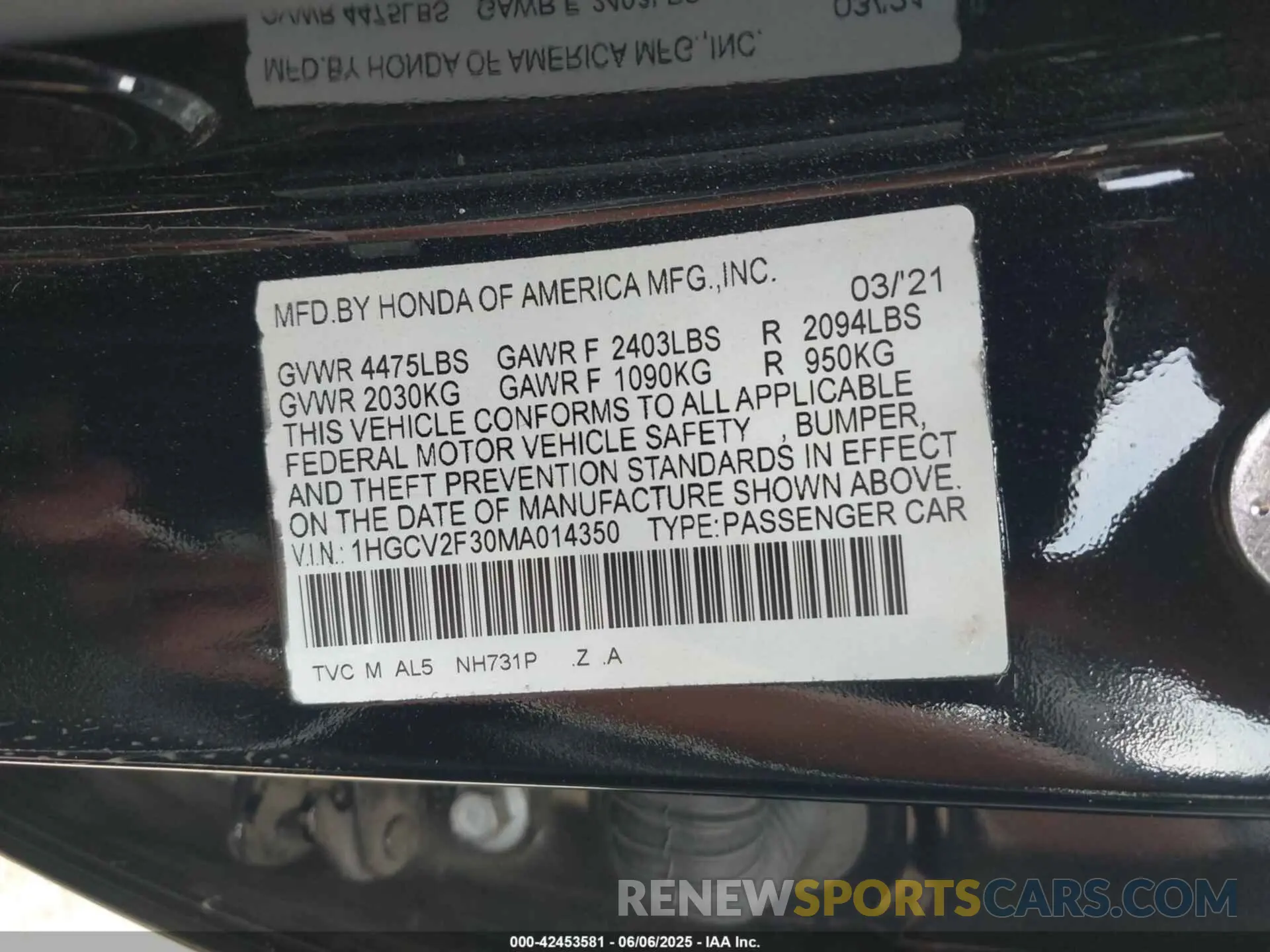 9 Photograph of a damaged car 1HGCV2F30MA014350 HONDA ACCORD 2021