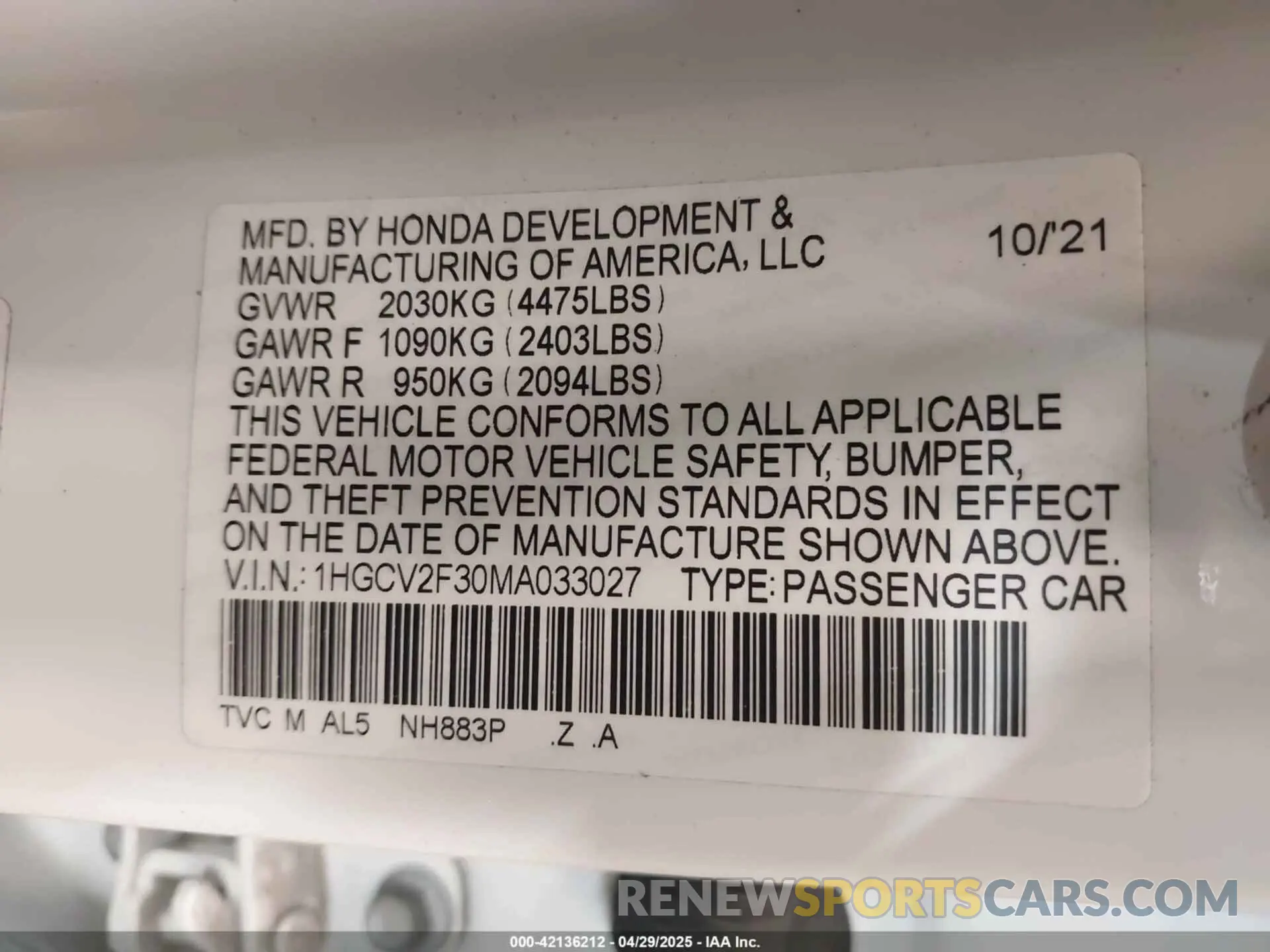 9 Photograph of a damaged car 1HGCV2F30MA033027 HONDA ACCORD 2021