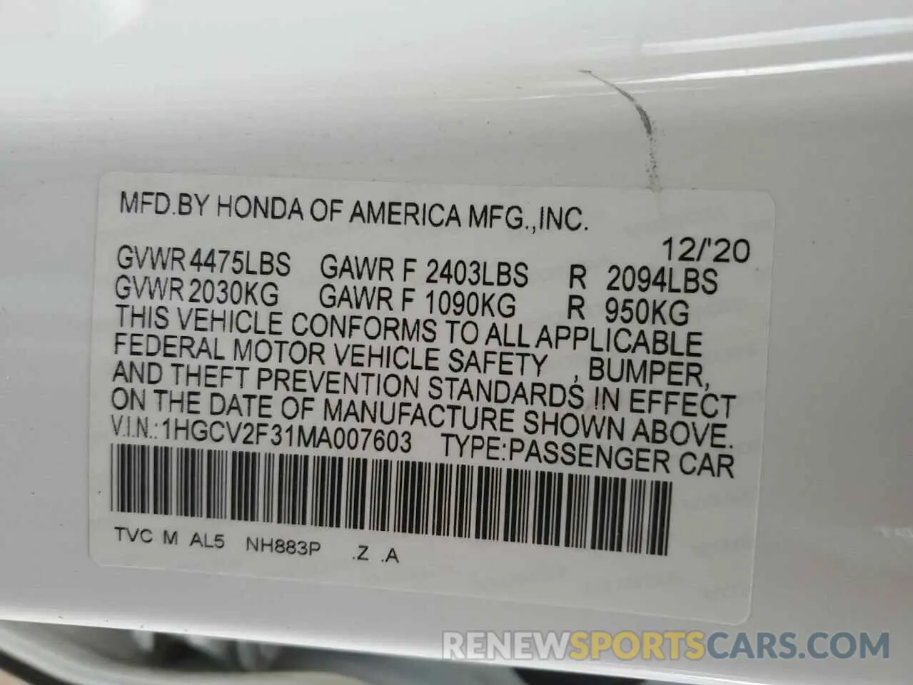 12 Фотография поврежденного автомобиля 1HGCV2F31MA007603 HONDA ACCORD 2021