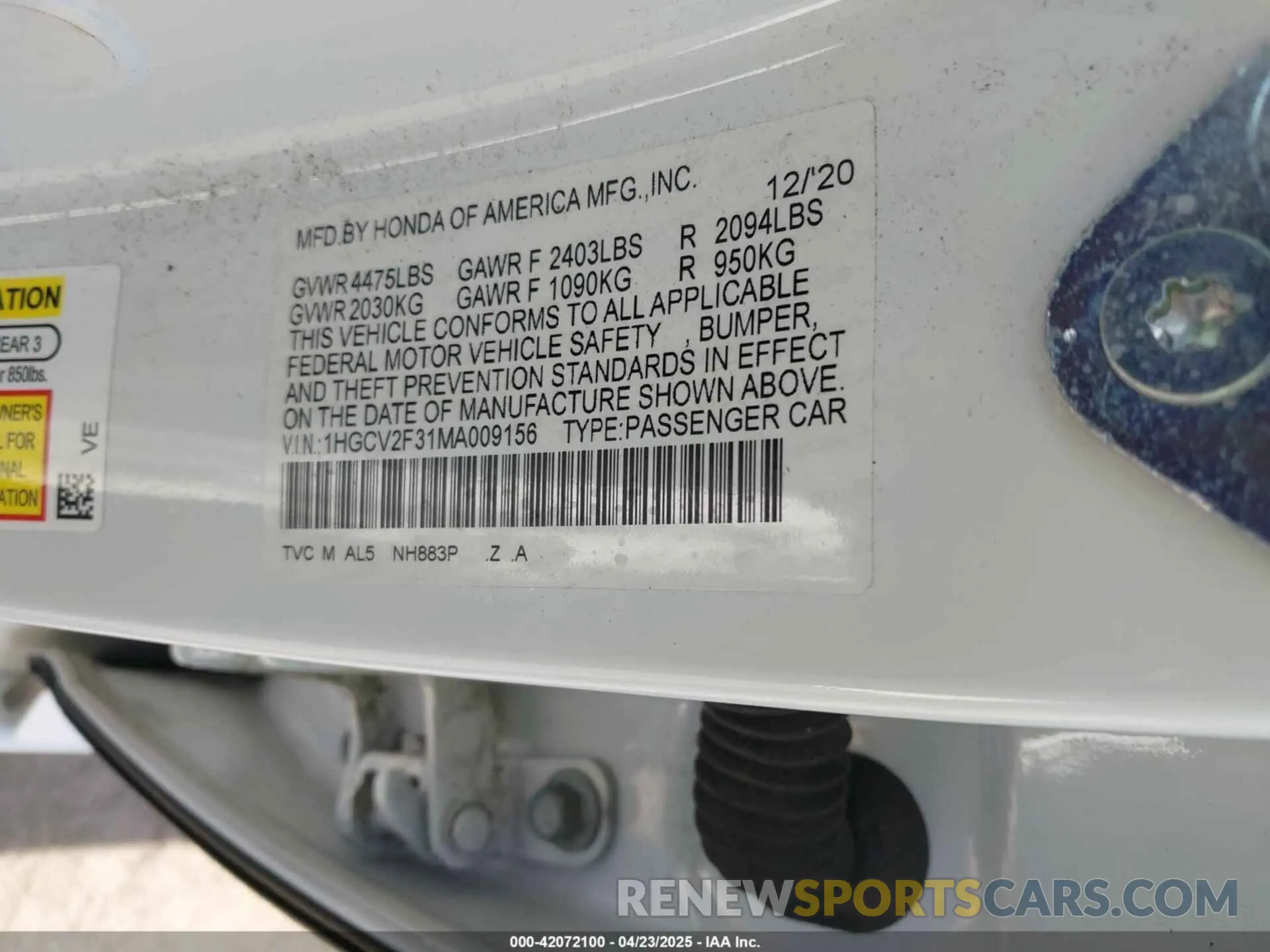 9 Фотография поврежденного автомобиля 1HGCV2F31MA009156 HONDA ACCORD 2021