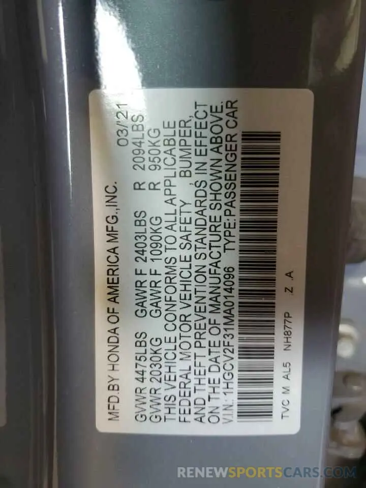 12 Фотография поврежденного автомобиля 1HGCV2F31MA014096 HONDA ACCORD 2021