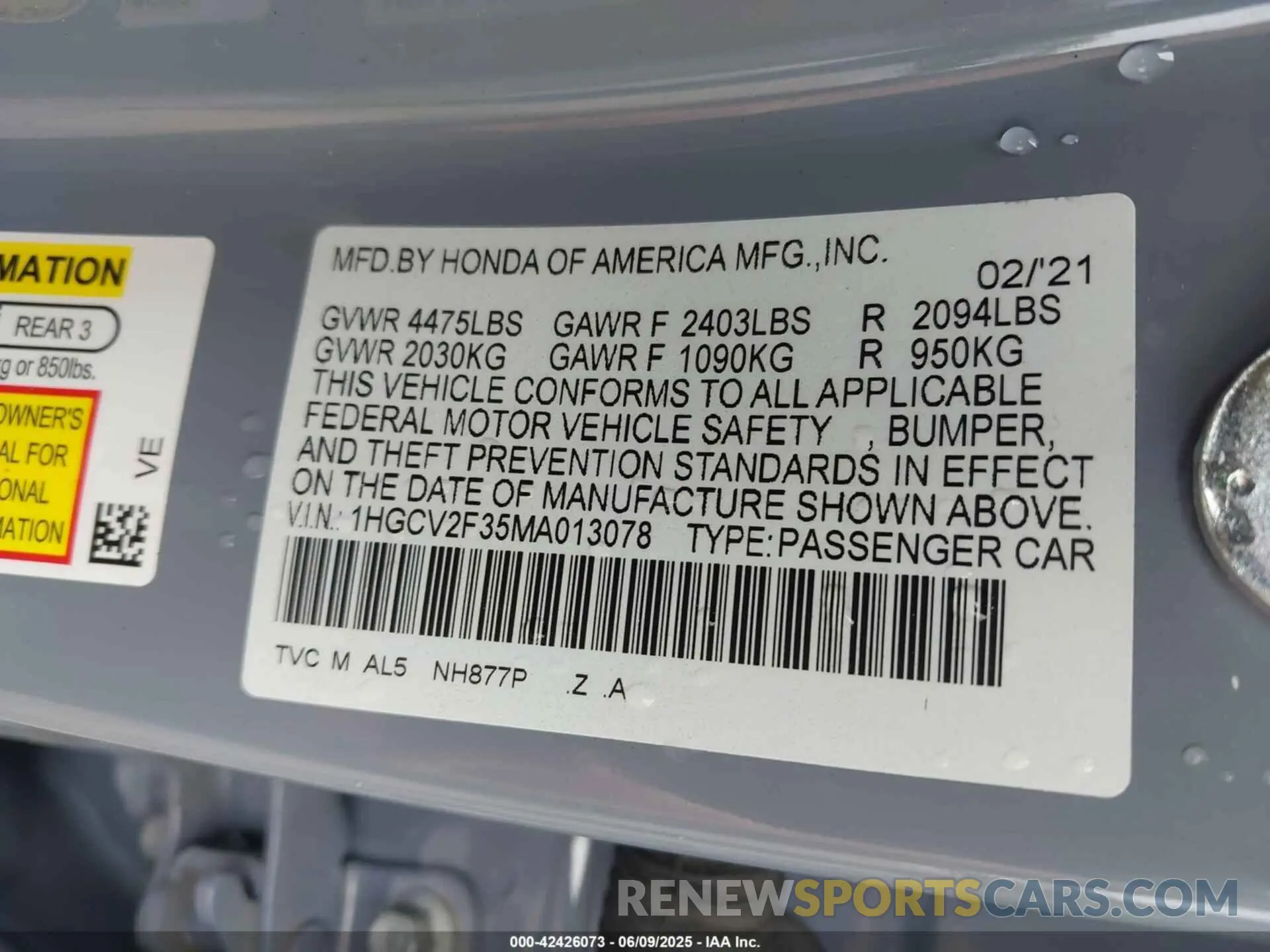 9 Photograph of a damaged car 1HGCV2F35MA013078 HONDA ACCORD 2021