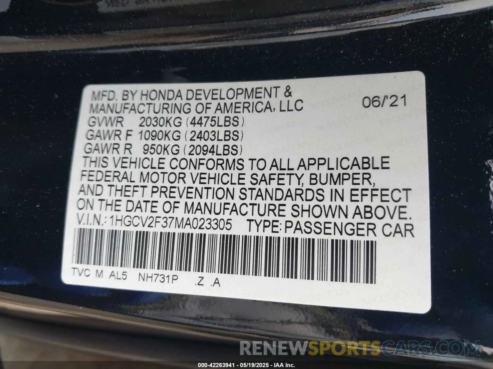 9 Photograph of a damaged car 1HGCV2F37MA023305 HONDA ACCORD 2021