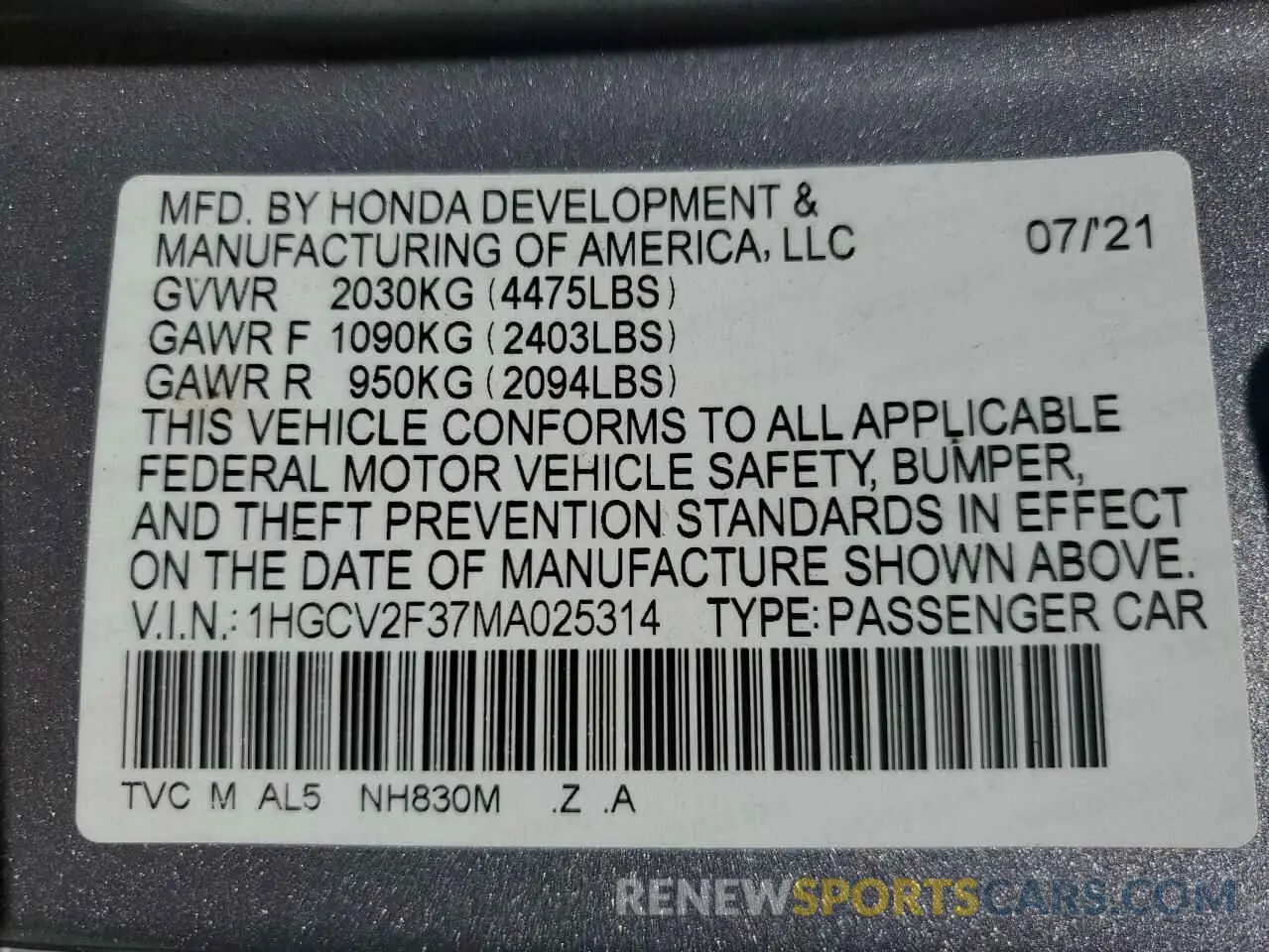 13 Photograph of a damaged car 1HGCV2F37MA025314 HONDA ACCORD 2021