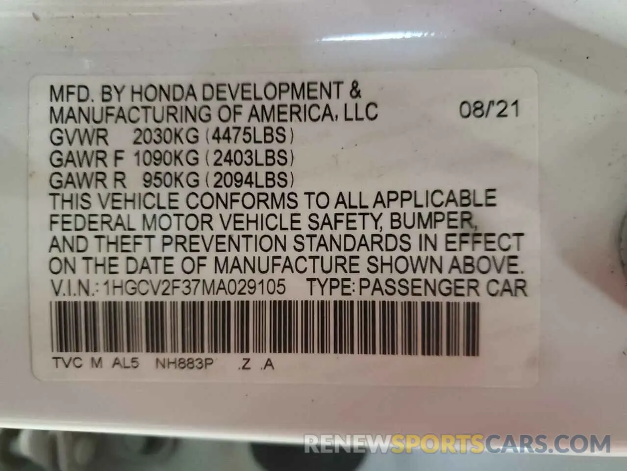13 Фотография поврежденного автомобиля 1HGCV2F37MA029105 HONDA ACCORD 2021