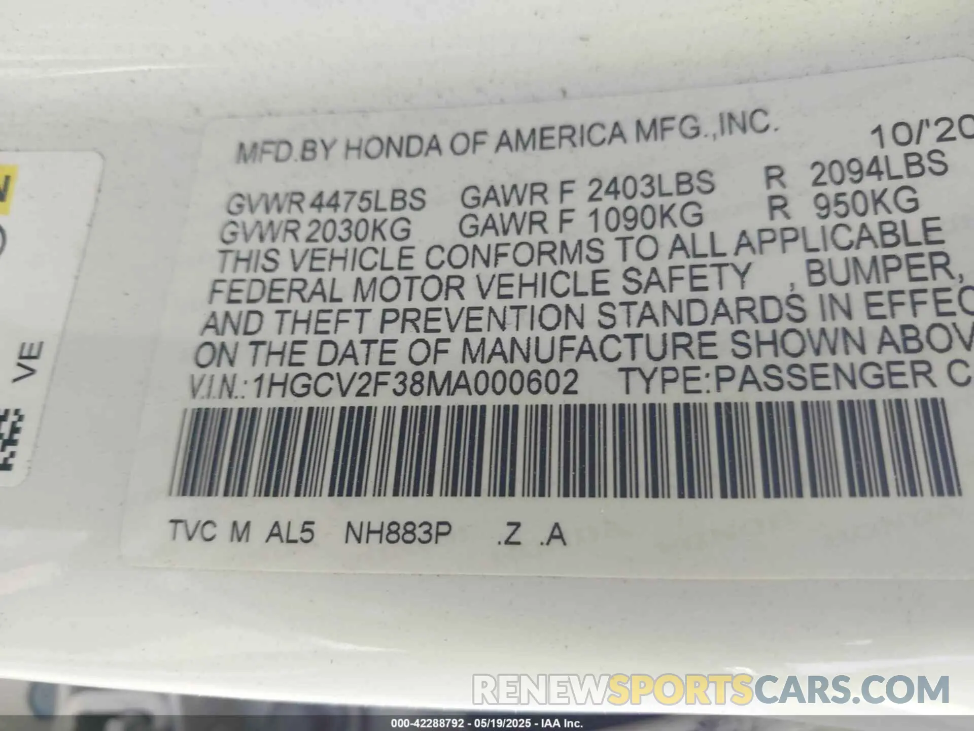 9 Фотография поврежденного автомобиля 1HGCV2F38MA000602 HONDA ACCORD 2021