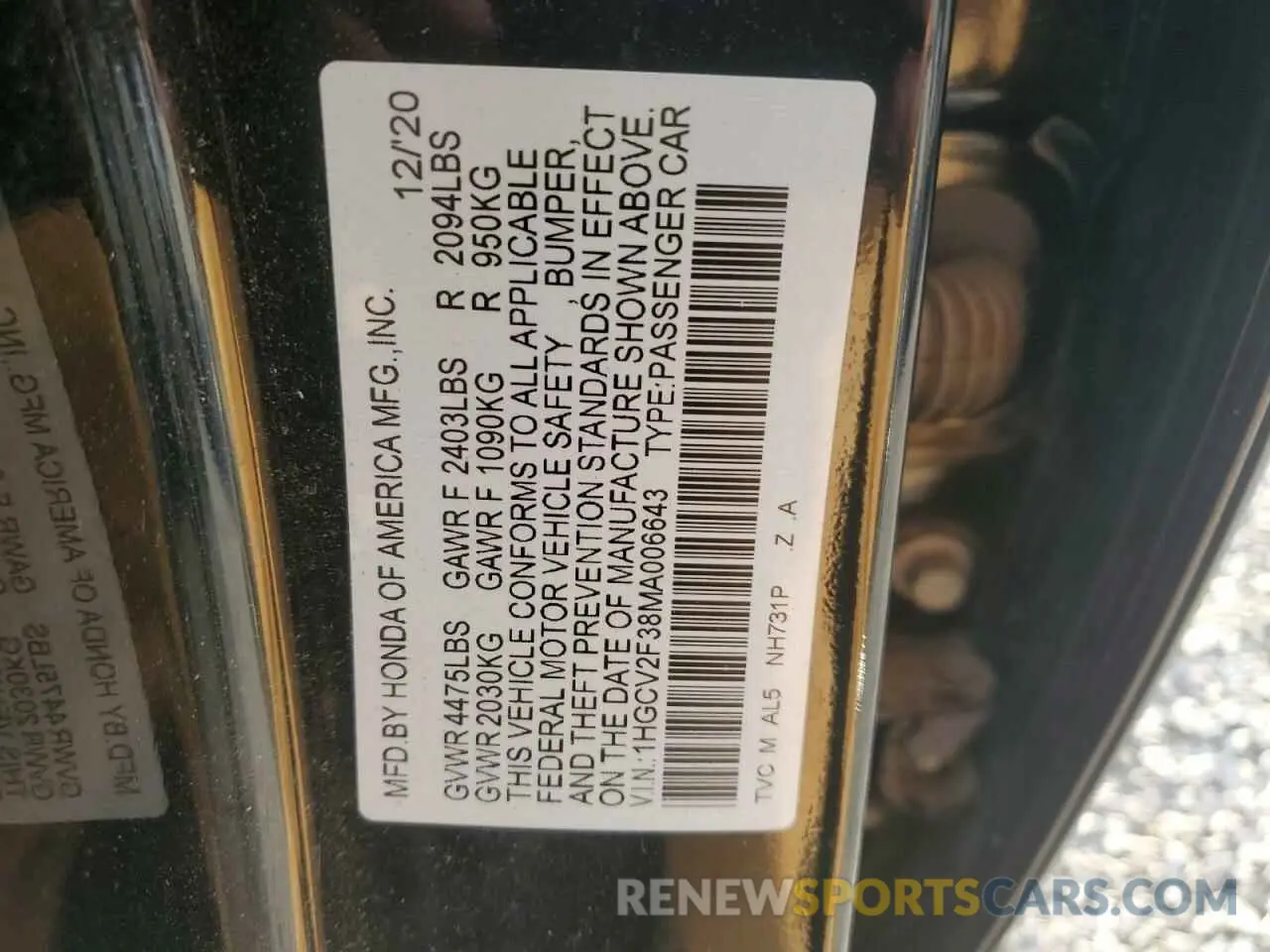 12 Фотография поврежденного автомобиля 1HGCV2F38MA006643 HONDA ACCORD 2021