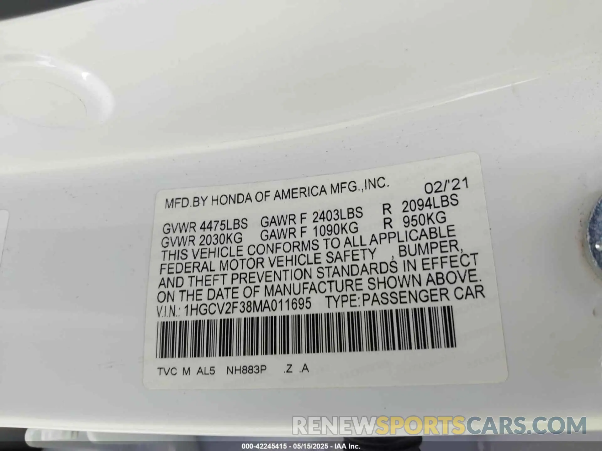 9 Photograph of a damaged car 1HGCV2F38MA011695 HONDA ACCORD 2021