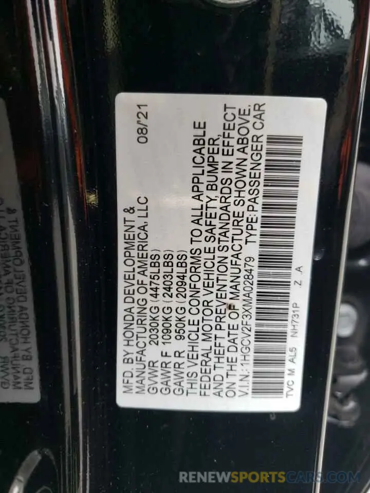 12 Фотография поврежденного автомобиля 1HGCV2F3XMA028479 HONDA ACCORD 2021