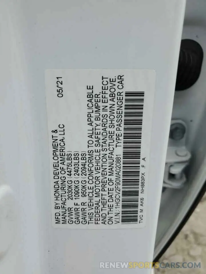 12 Photograph of a damaged car 1HGCV2F90MA020881 HONDA ACCORD 2021
