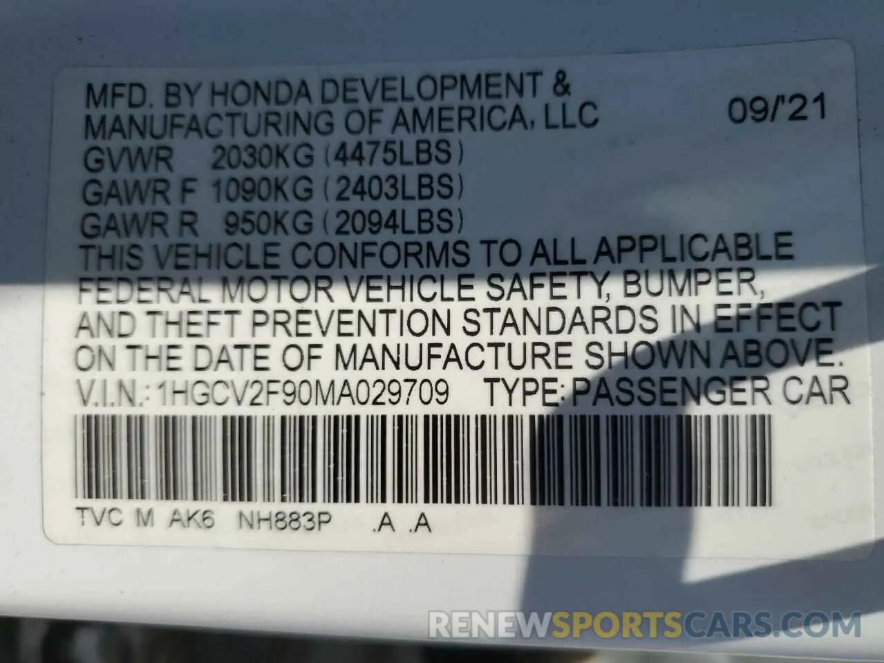 13 Photograph of a damaged car 1HGCV2F90MA029709 HONDA ACCORD 2021