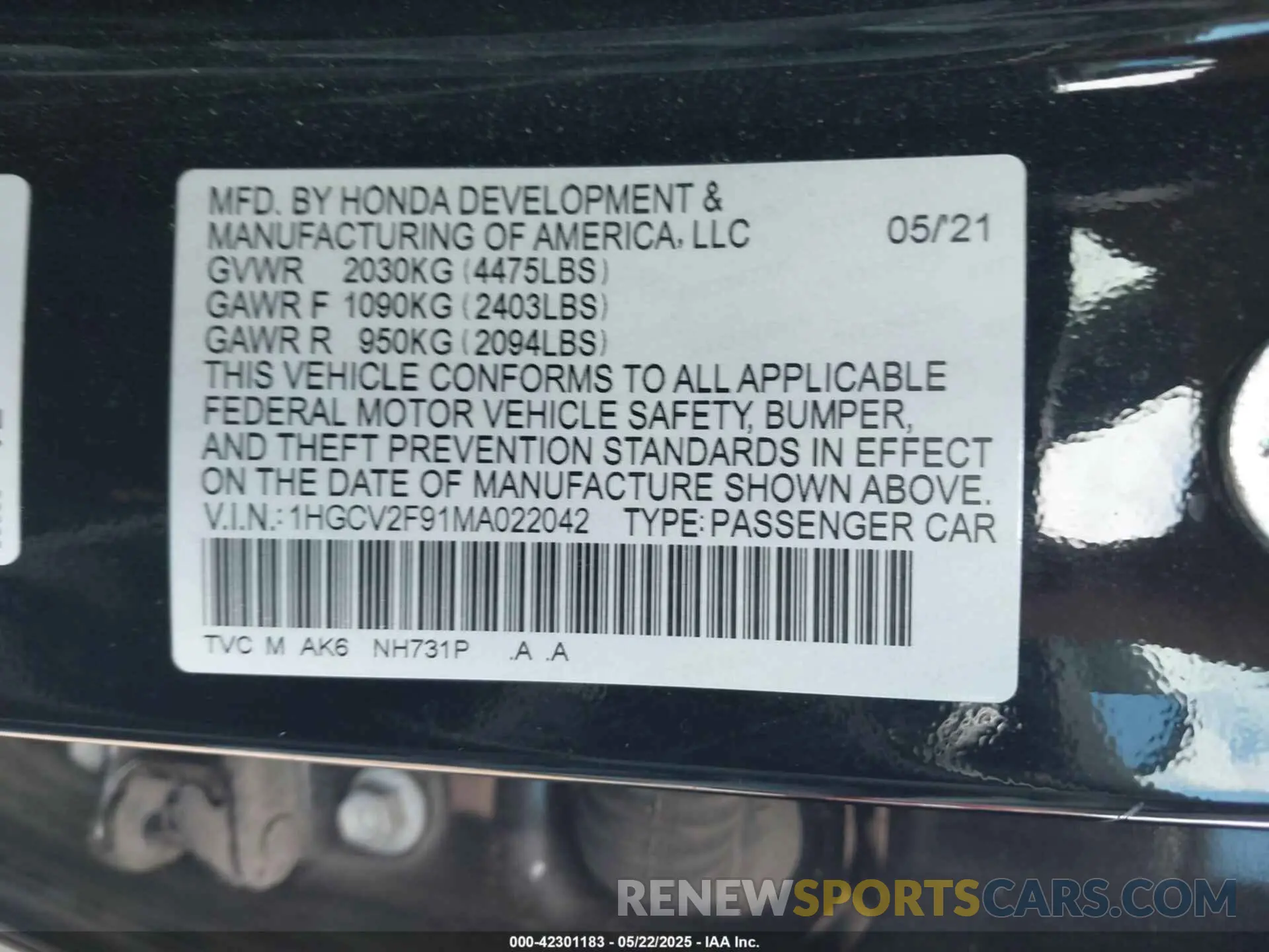 9 Photograph of a damaged car 1HGCV2F91MA022042 HONDA ACCORD 2021
