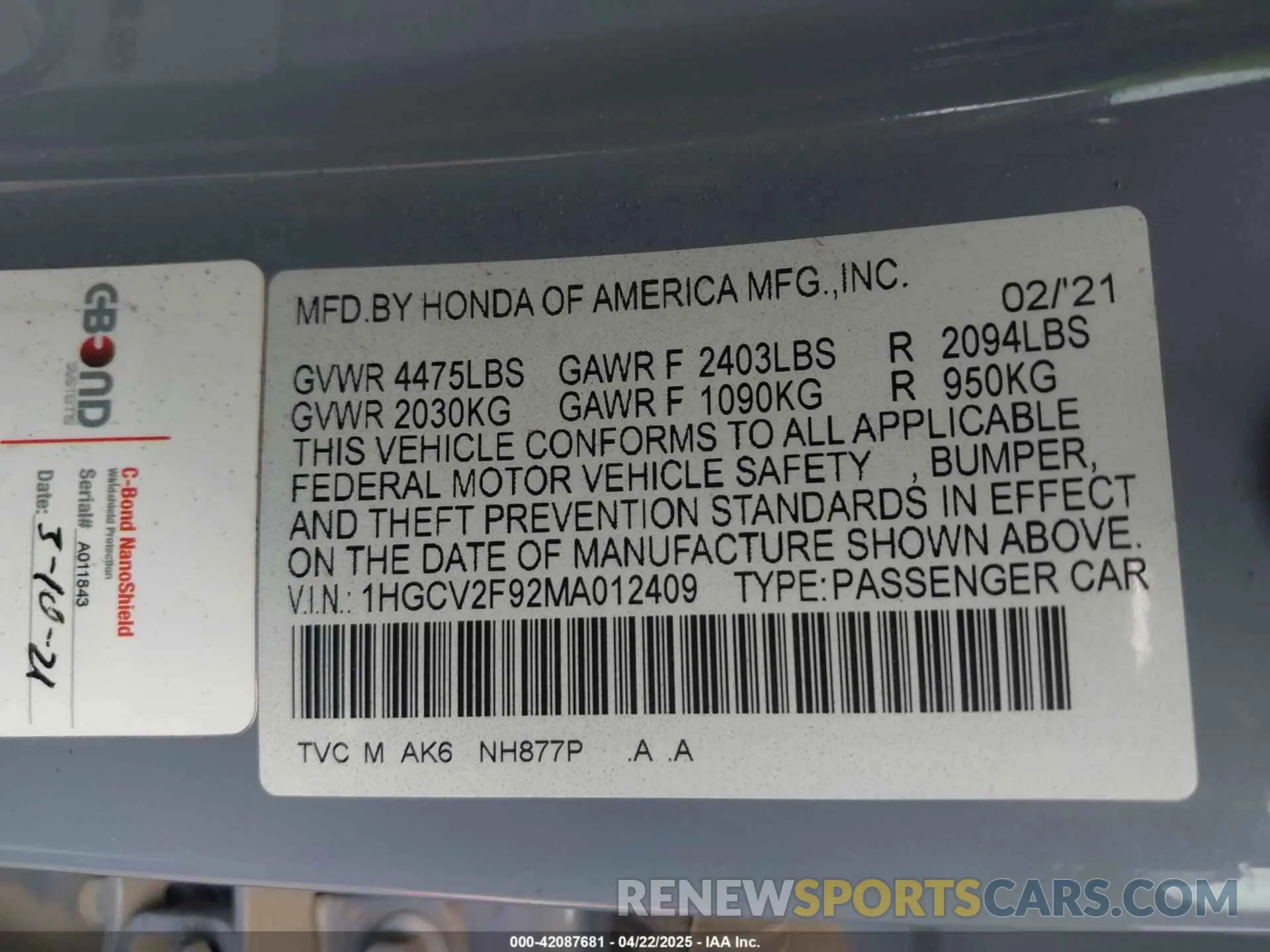 9 Photograph of a damaged car 1HGCV2F92MA012409 HONDA ACCORD 2021