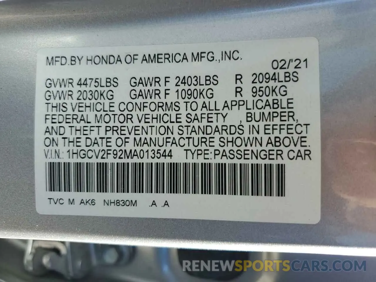 14 Фотография поврежденного автомобиля 1HGCV2F92MA013544 HONDA ACCORD 2021