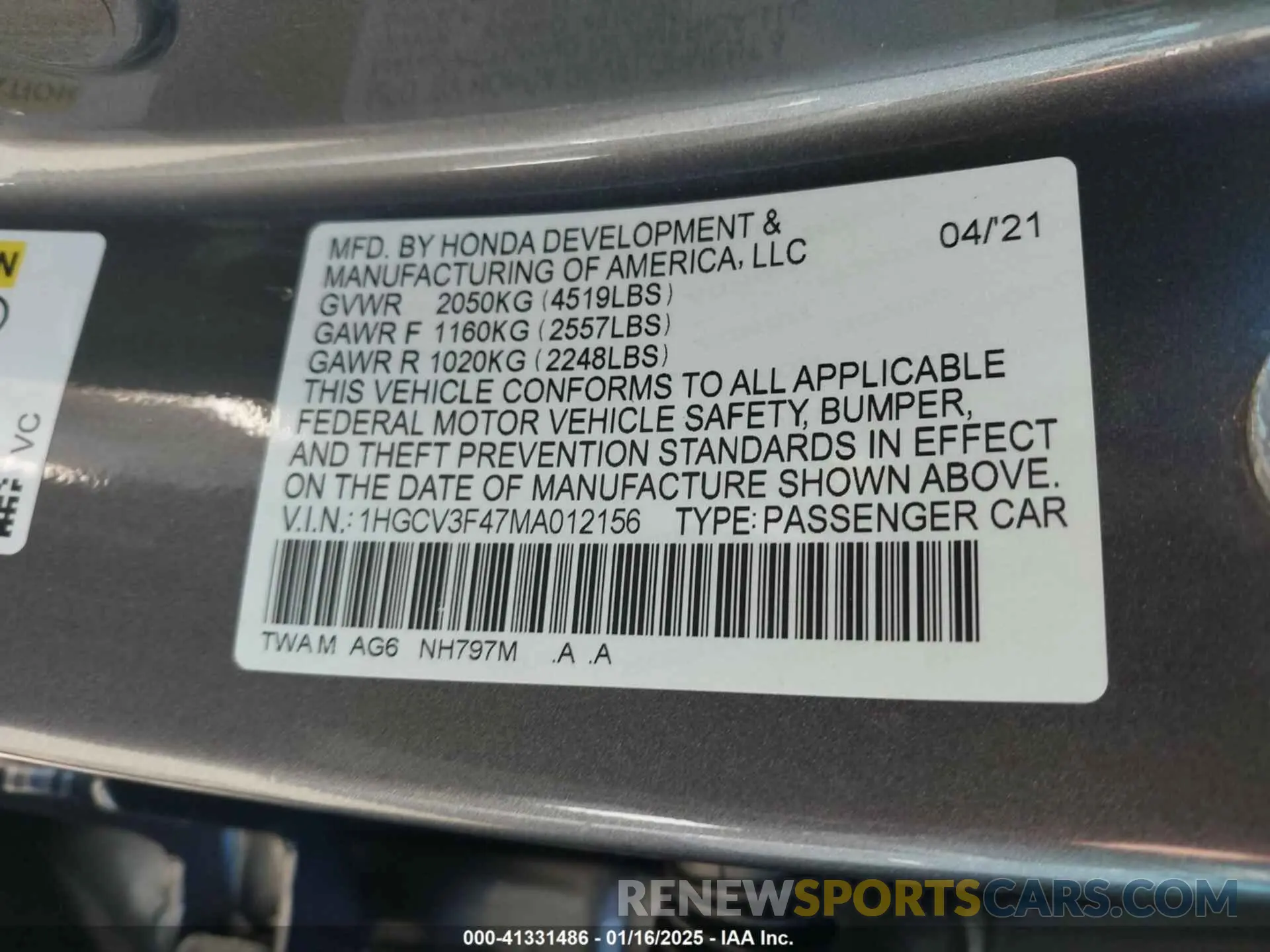 9 Фотография поврежденного автомобиля 1HGCV3F47MA012156 HONDA ACCORD 2021