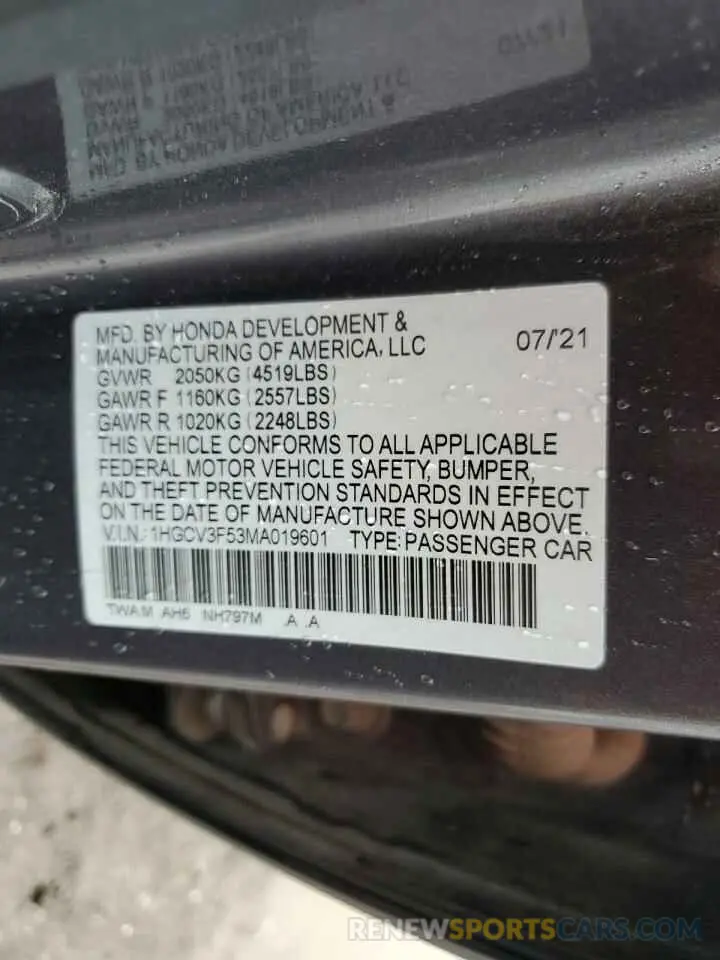 12 Photograph of a damaged car 1HGCV3F53MA019601 HONDA ACCORD 2021