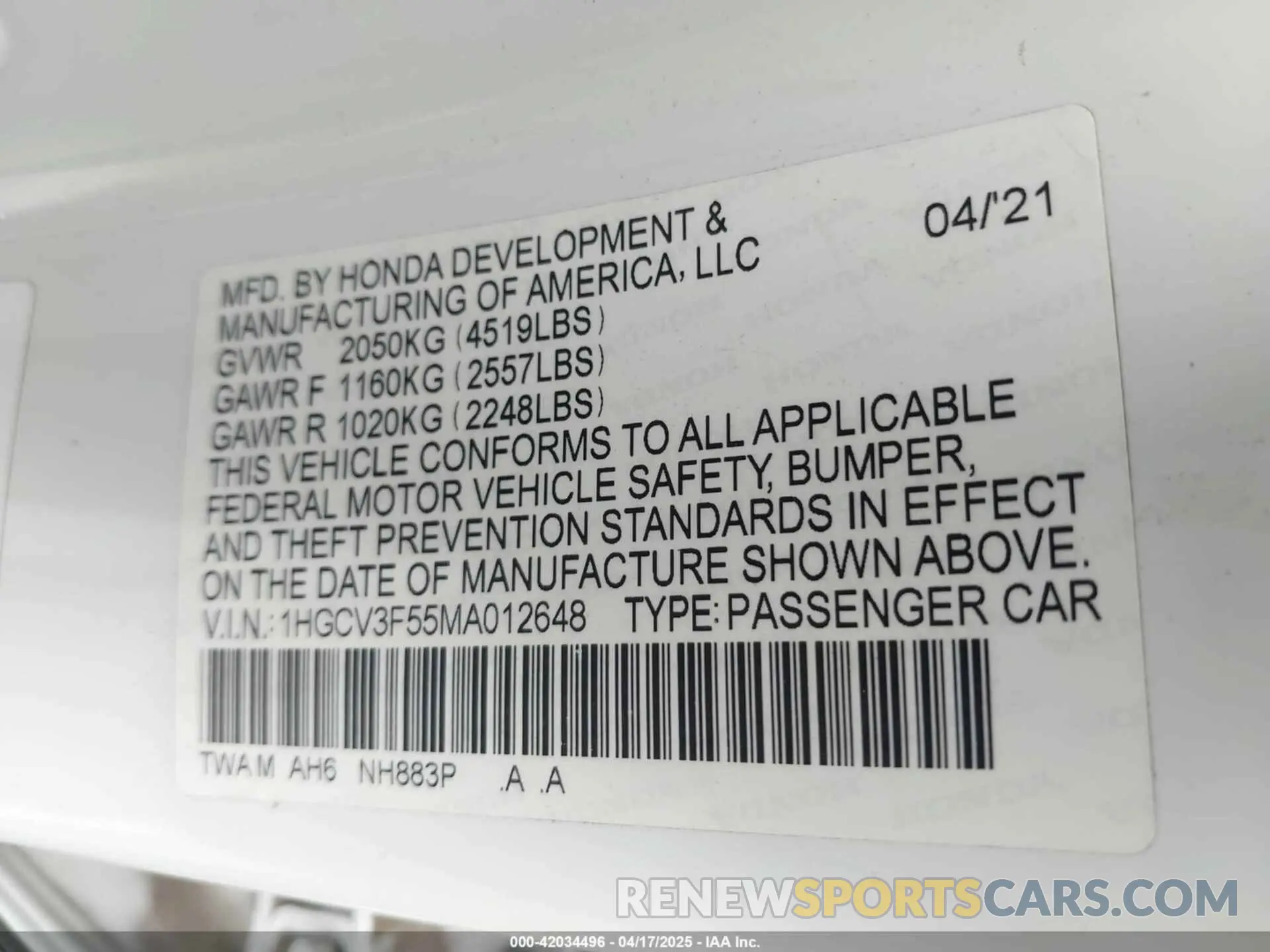 9 Фотография поврежденного автомобиля 1HGCV3F55MA012648 HONDA ACCORD 2021