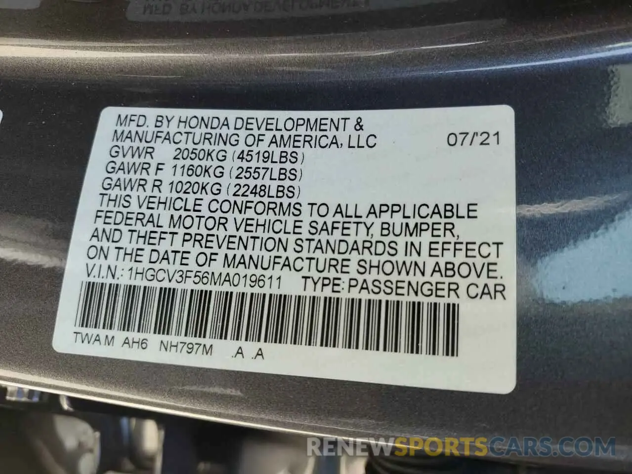 12 Photograph of a damaged car 1HGCV3F56MA019611 HONDA ACCORD 2021