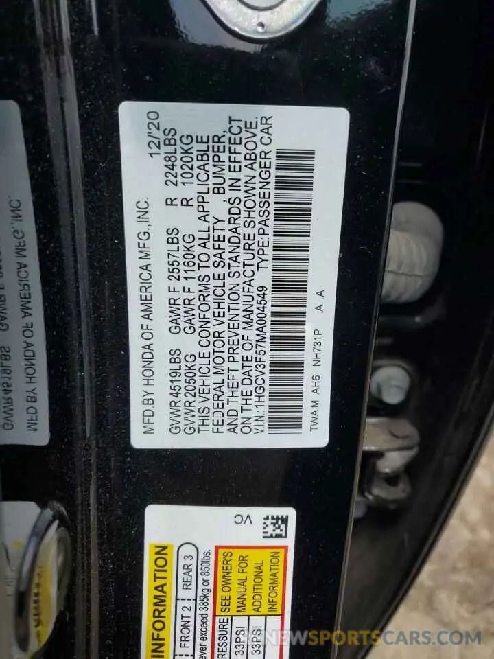 12 Фотография поврежденного автомобиля 1HGCV3F57MA004549 HONDA ACCORD 2021