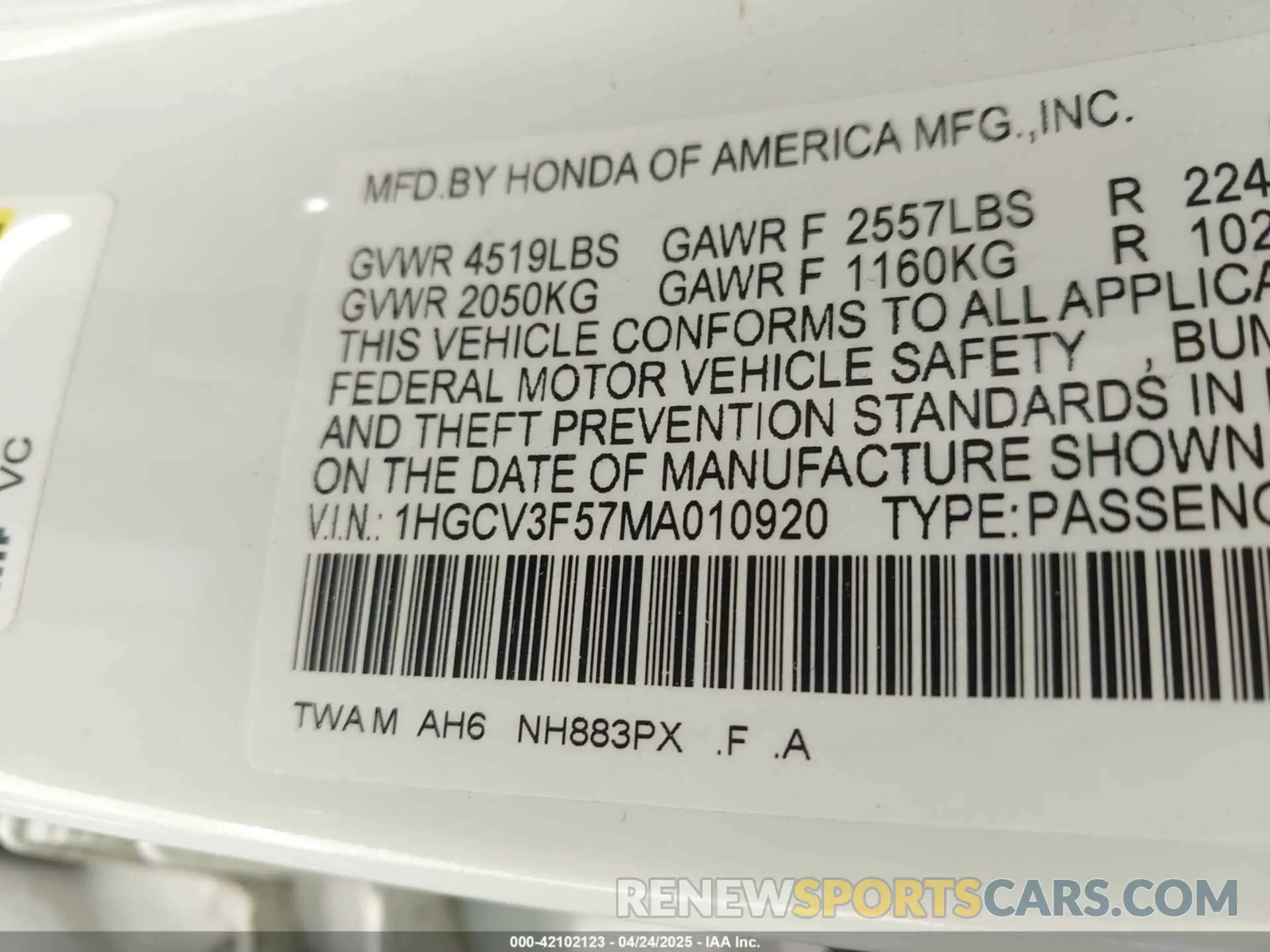 9 Фотография поврежденного автомобиля 1HGCV3F57MA010920 HONDA ACCORD 2021