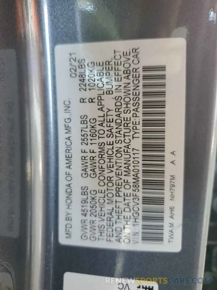 12 Photograph of a damaged car 1HGCV3F58MA010117 HONDA ACCORD 2021