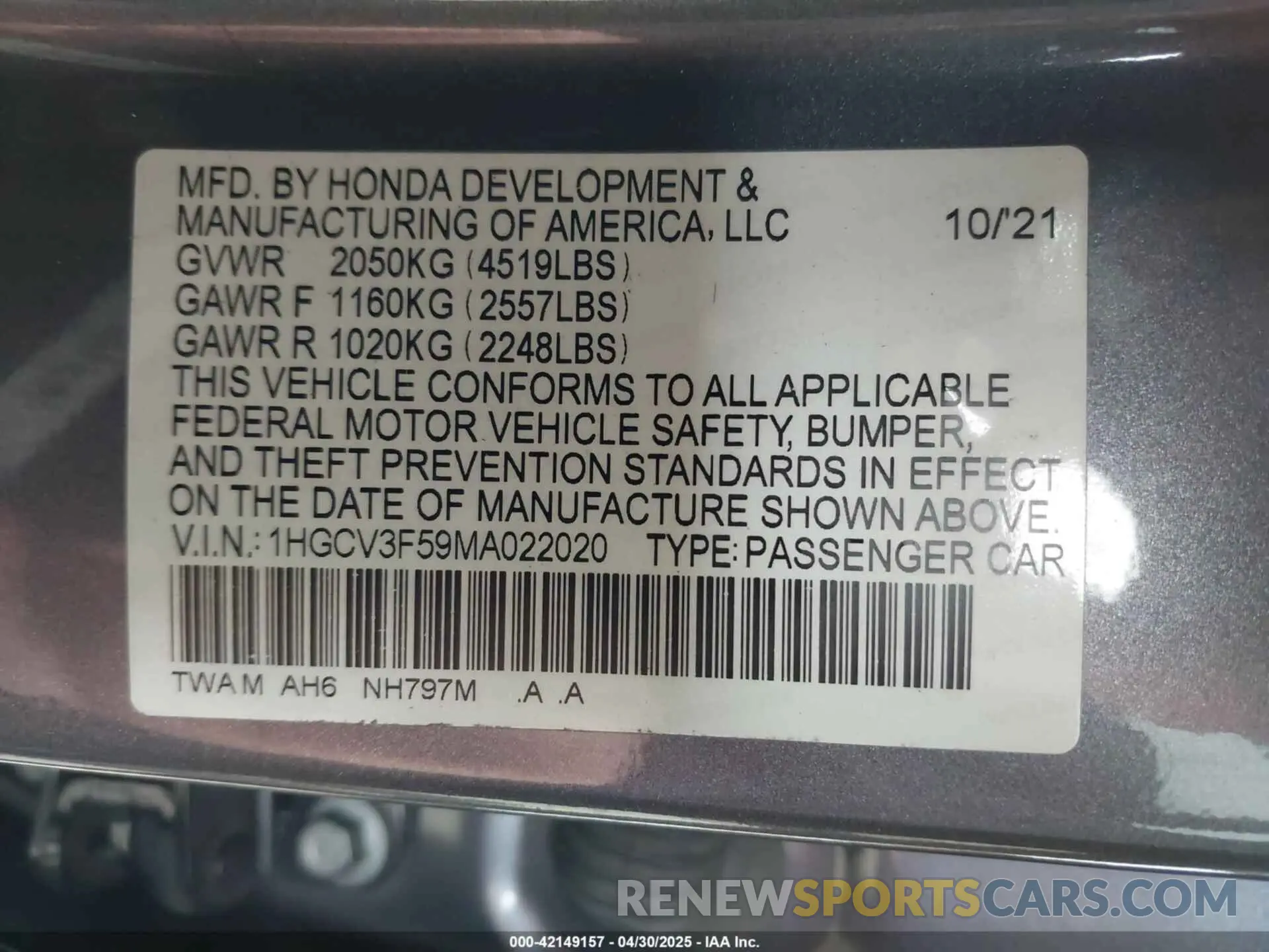 9 Фотография поврежденного автомобиля 1HGCV3F59MA022020 HONDA ACCORD 2021