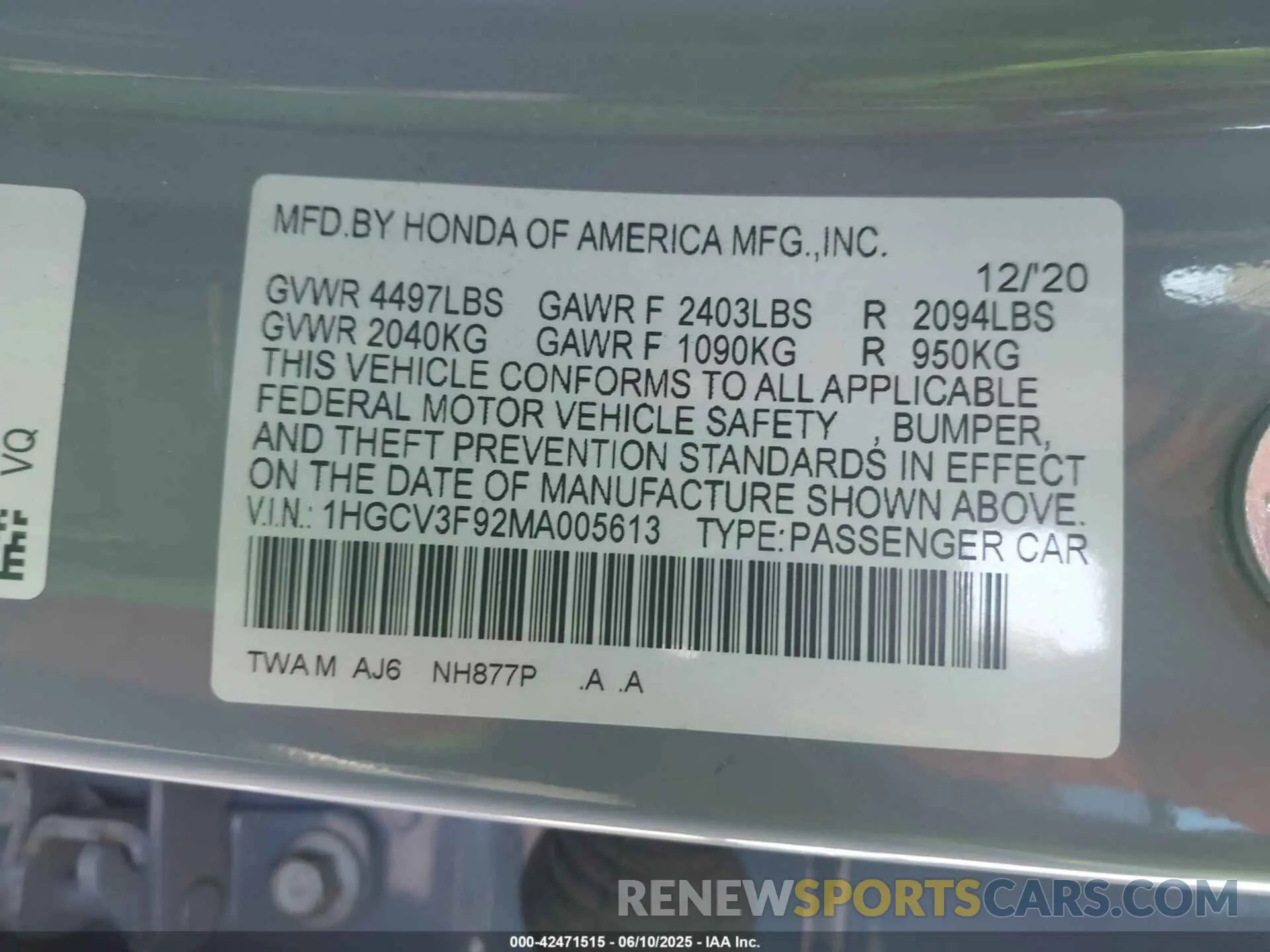 9 Photograph of a damaged car 1HGCV3F92MA005613 HONDA ACCORD 2021