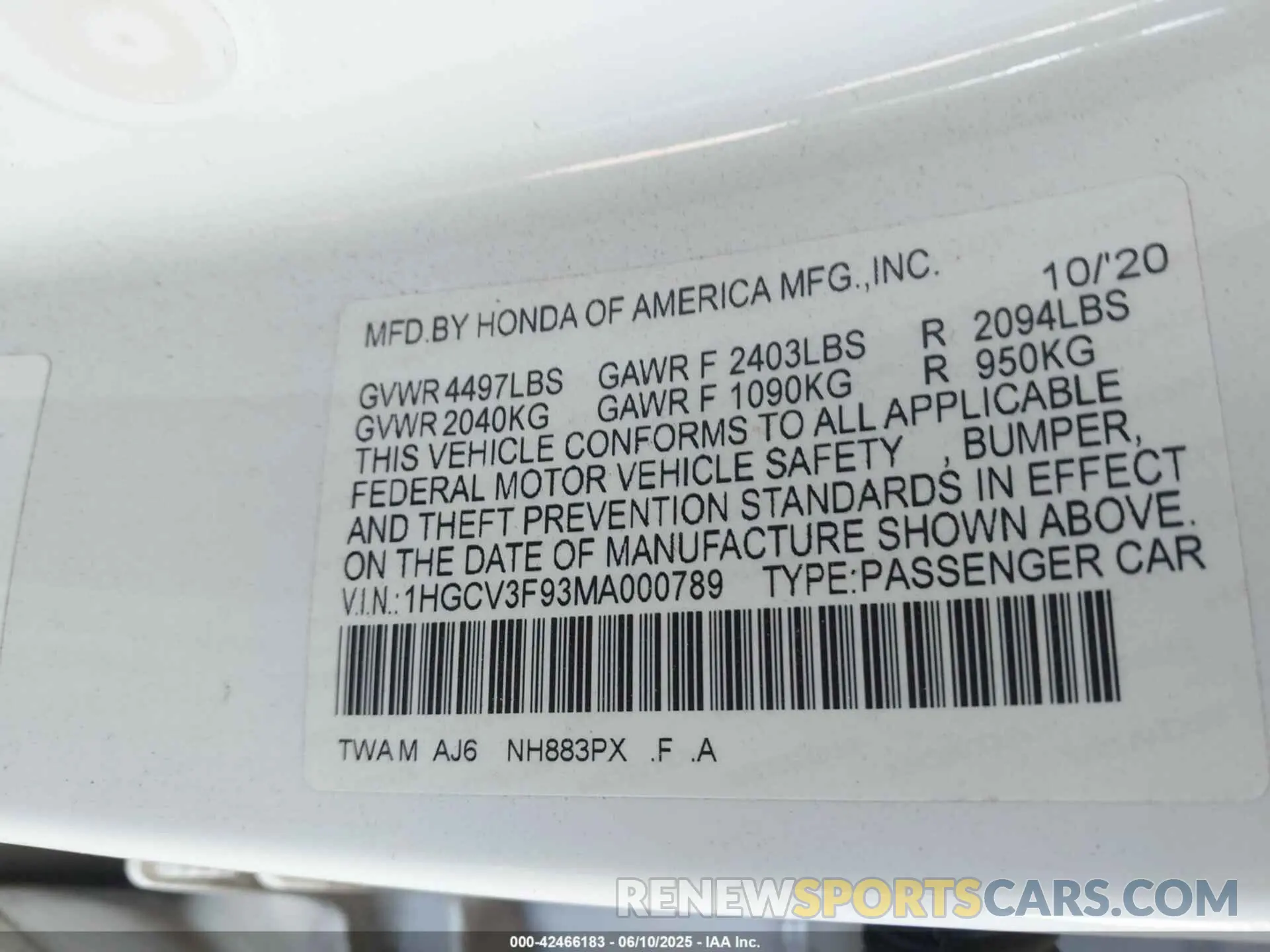 9 Photograph of a damaged car 1HGCV3F93MA000789 HONDA ACCORD 2021