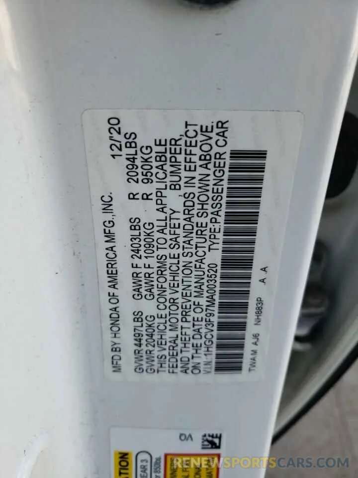 12 Photograph of a damaged car 1HGCV3F97MA003520 HONDA ACCORD 2021