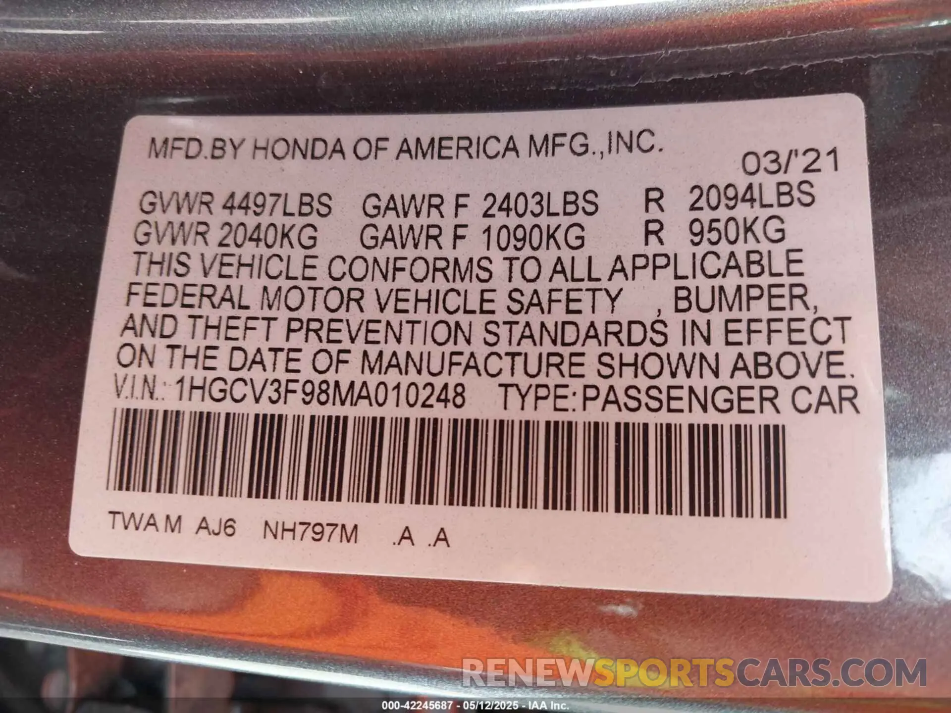 9 Фотография поврежденного автомобиля 1HGCV3F98MA010248 HONDA ACCORD 2021