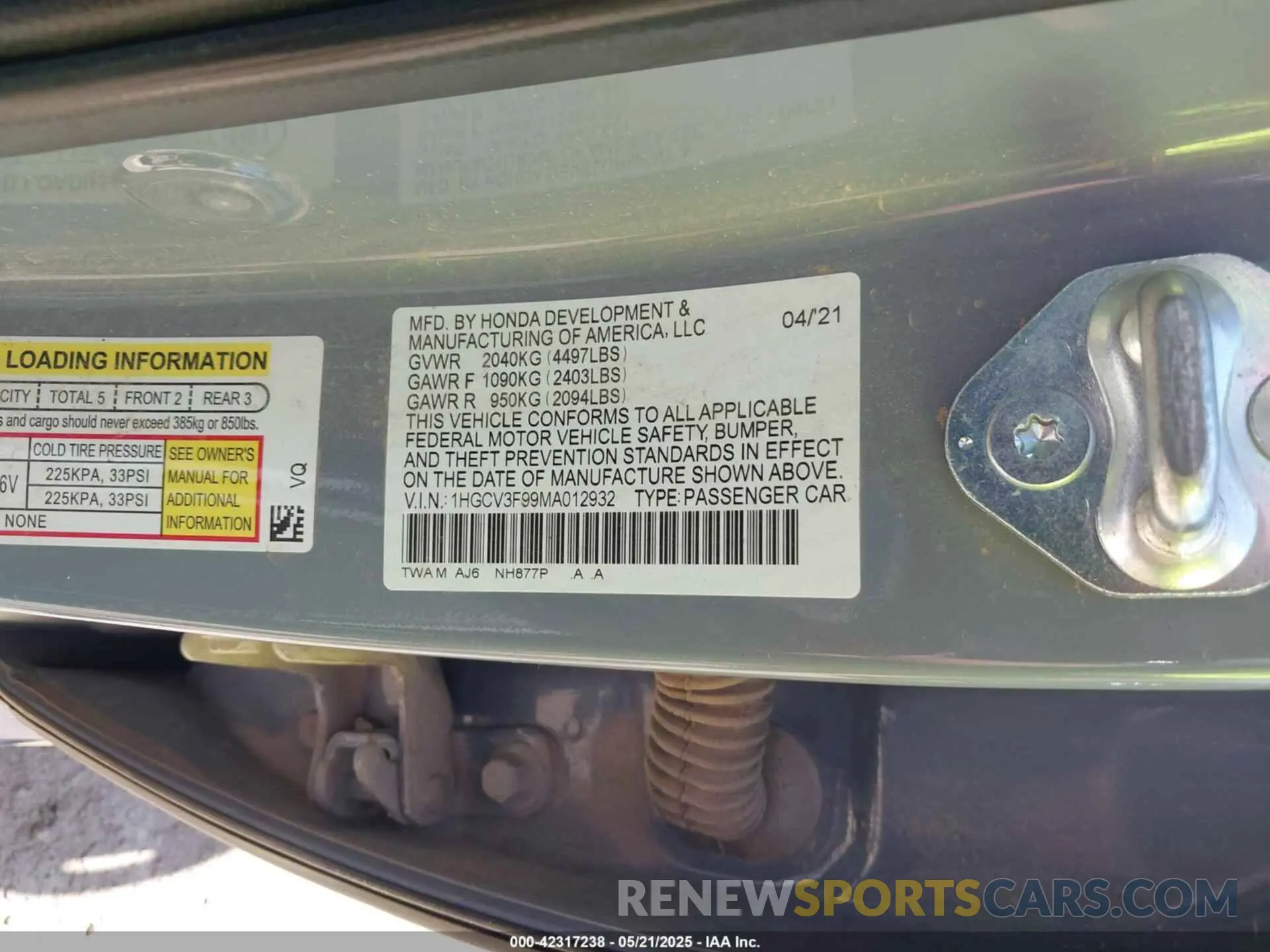 9 Photograph of a damaged car 1HGCV3F99MA012932 HONDA ACCORD 2021