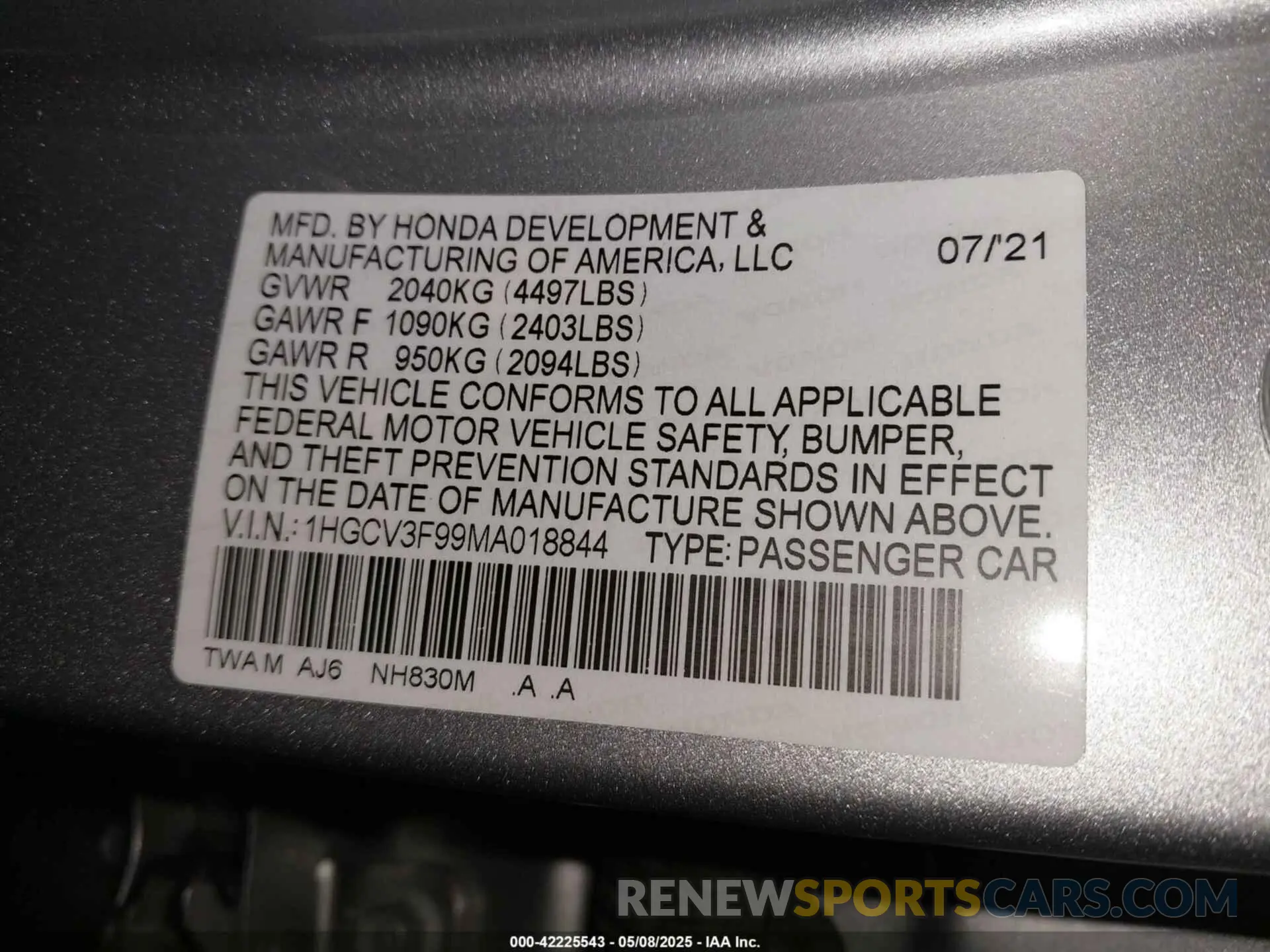 9 Photograph of a damaged car 1HGCV3F99MA018844 HONDA ACCORD 2021