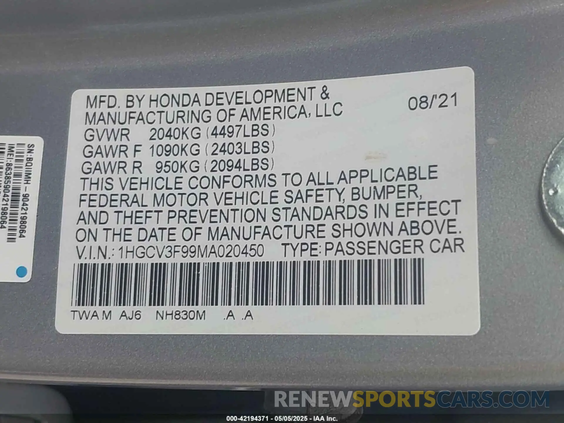 9 Фотография поврежденного автомобиля 1HGCV3F99MA020450 HONDA ACCORD 2021
