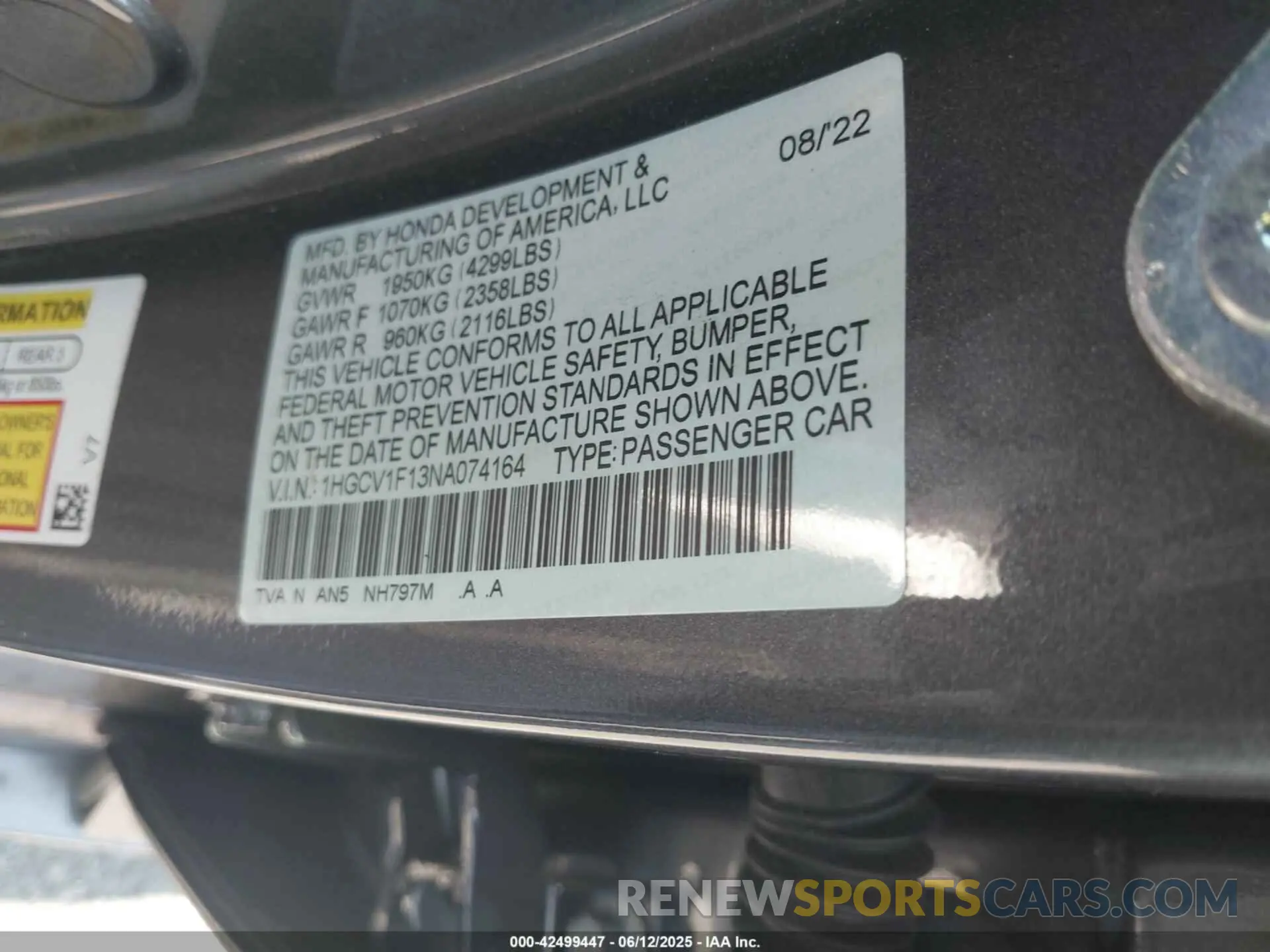 9 Photograph of a damaged car 1HGCV1F13NA074164 HONDA ACCORD 2022