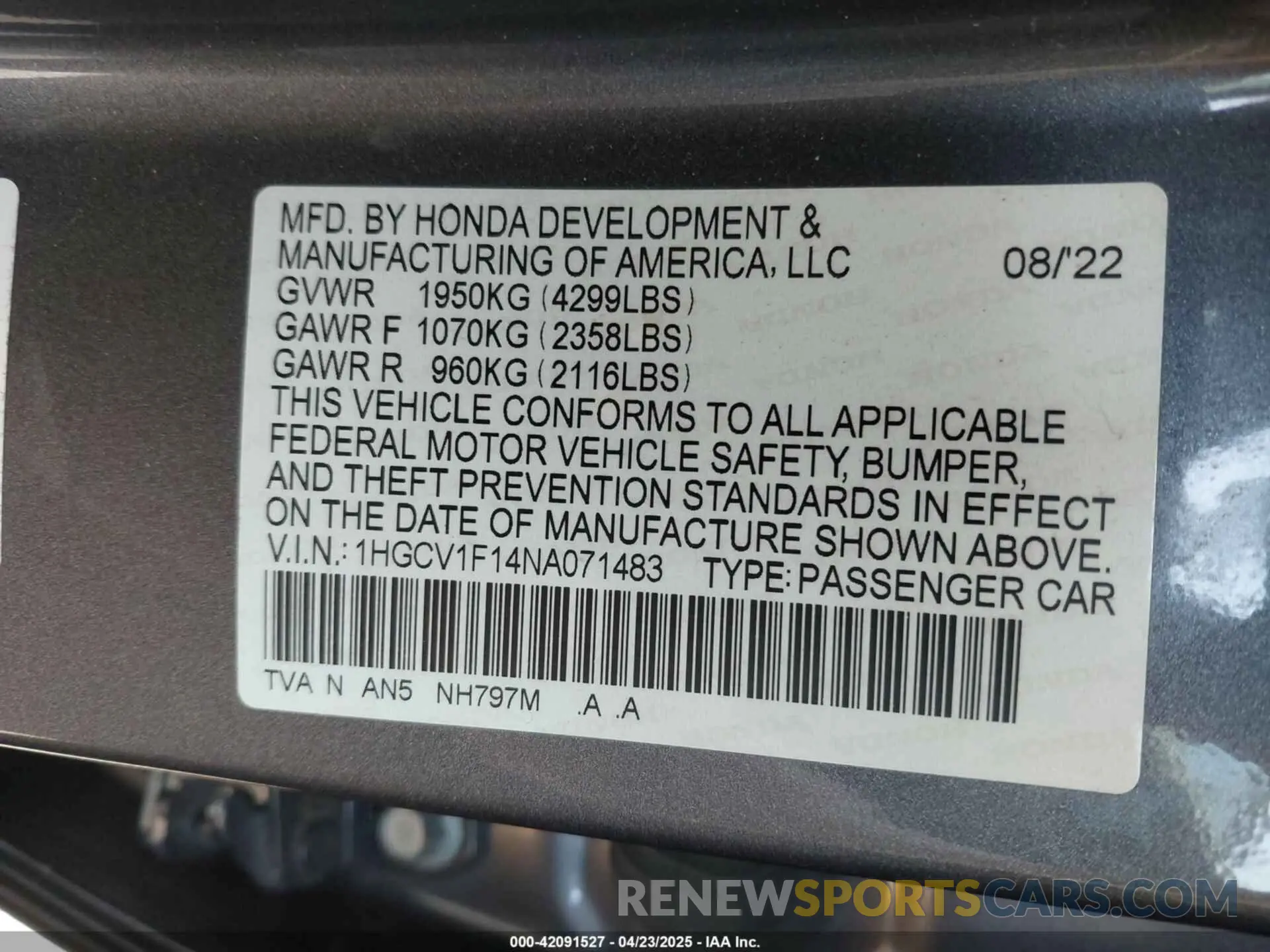 9 Photograph of a damaged car 1HGCV1F14NA071483 HONDA ACCORD 2022