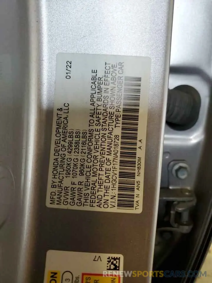 12 Фотография поврежденного автомобиля 1HGCV1F17NA018728 HONDA ACCORD 2022