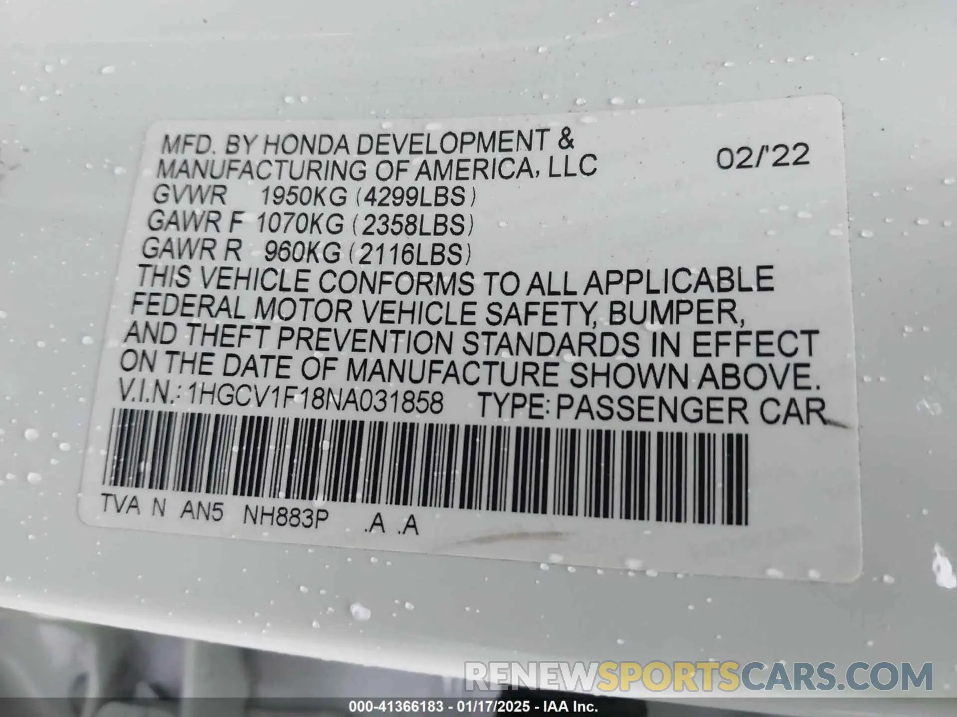 9 Photograph of a damaged car 1HGCV1F18NA031858 HONDA ACCORD 2022