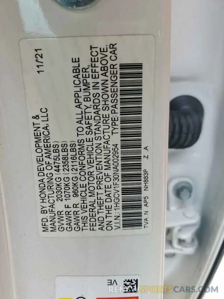 13 Photograph of a damaged car 1HGCV1F30NA002954 HONDA ACCORD 2022