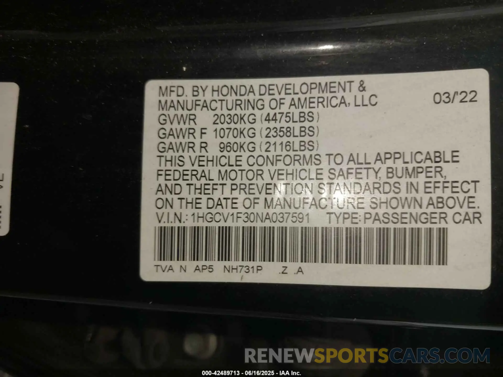 9 Photograph of a damaged car 1HGCV1F30NA037591 HONDA ACCORD 2022