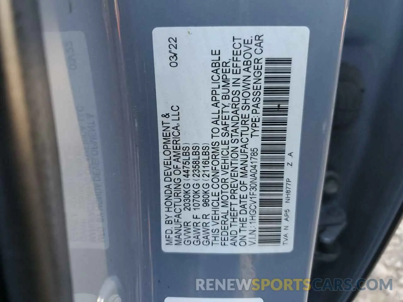 12 Photograph of a damaged car 1HGCV1F30NA041785 HONDA ACCORD 2022