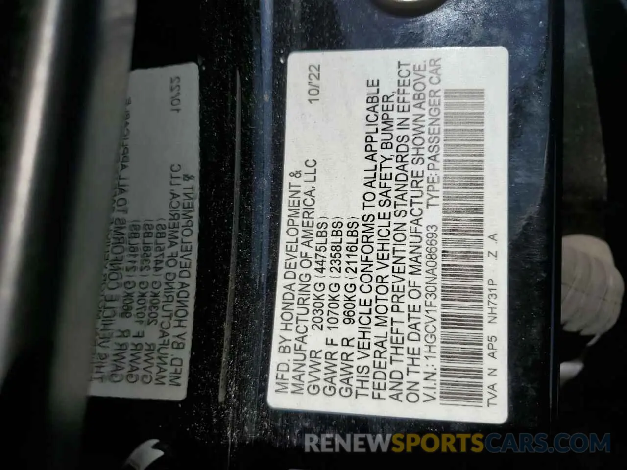12 Photograph of a damaged car 1HGCV1F30NA086693 HONDA ACCORD 2022